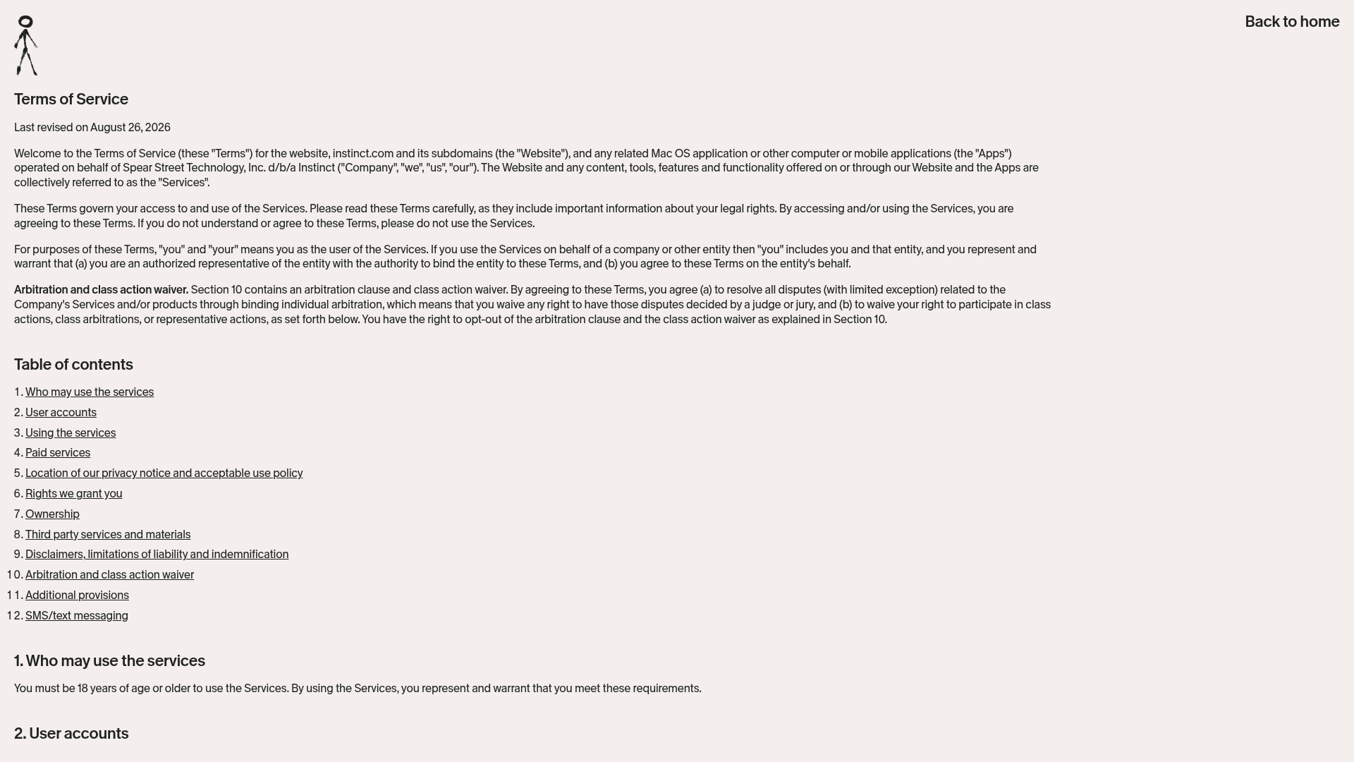 Instinct's Terms of Service page, last revised August 26, 2026, with a table of contents that includes section 4, Paid services, as captured from instinct.com