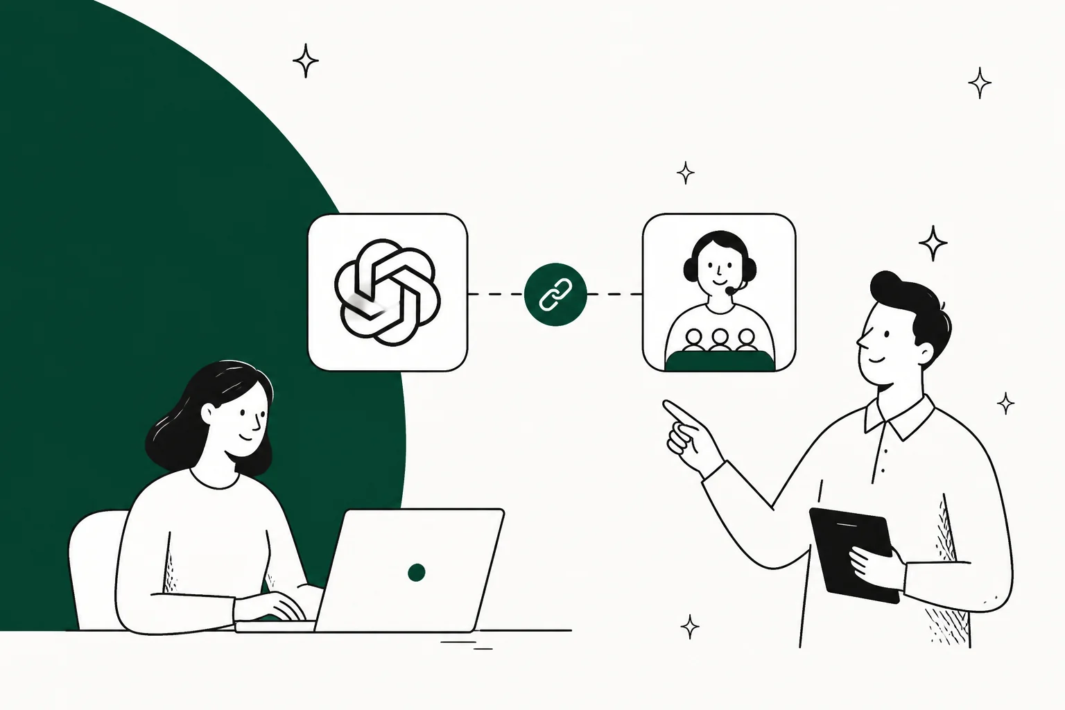 Line illustration of a person at a laptop with an OpenAI mark linked across to a support agent card, on a deep green background