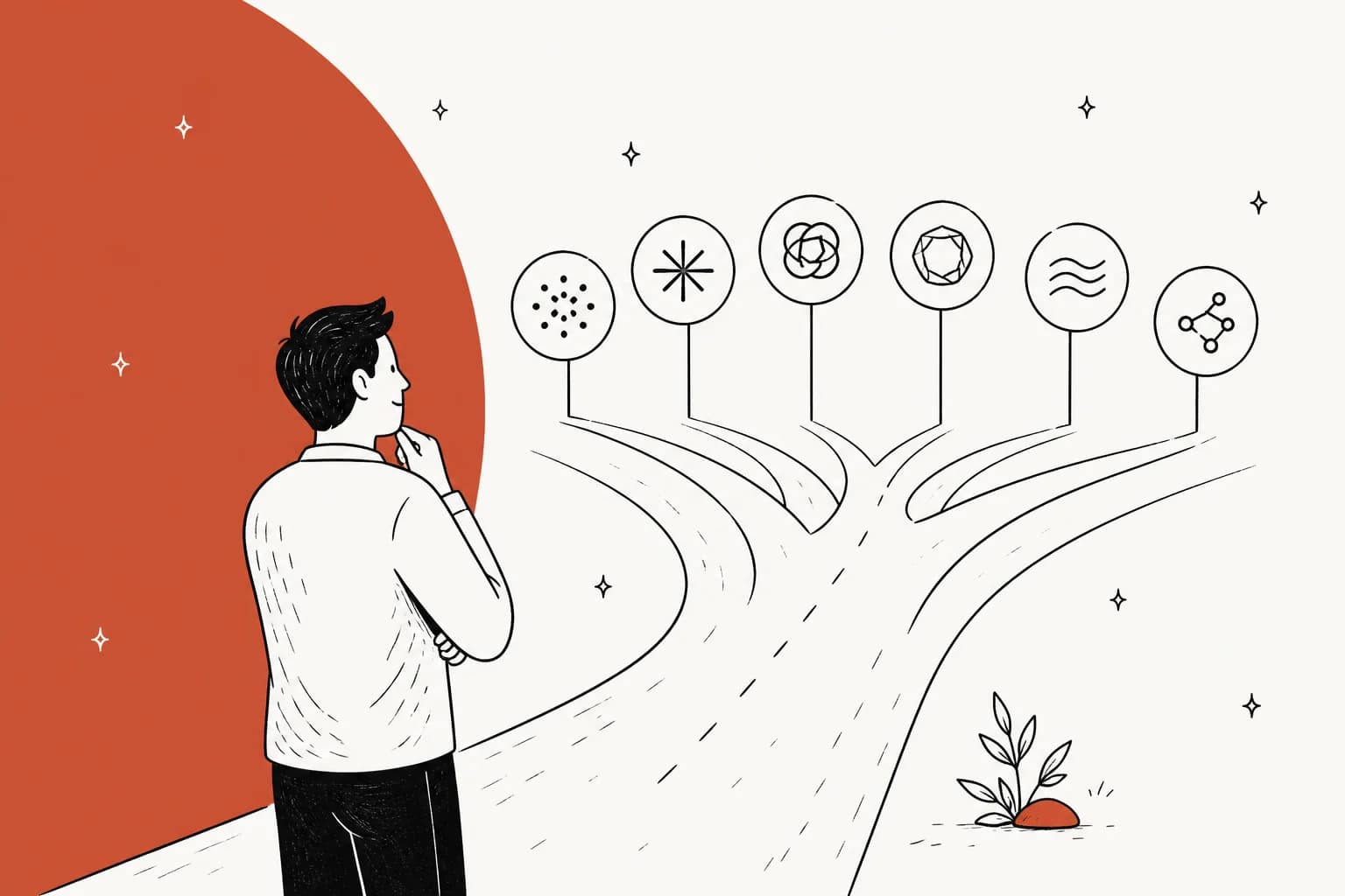 A developer at a fork in the road choosing between several AI models, illustration