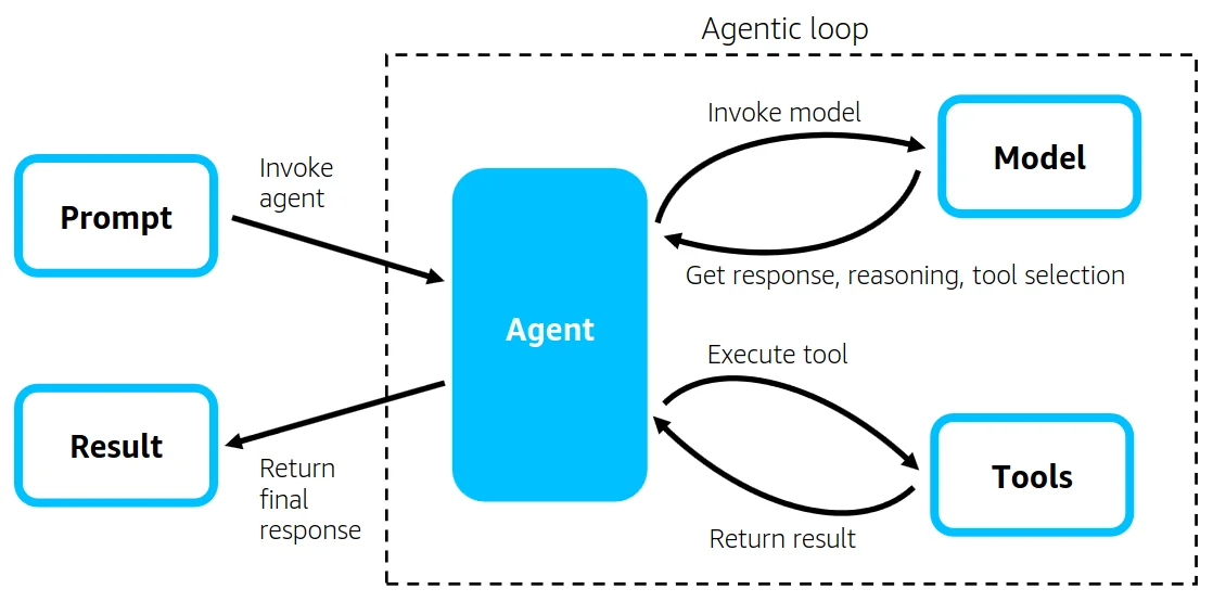 The Strands agent loop: a prompt invokes the agent, which cycles between the model and its tools before returning a result, as taken from the Strands docs
