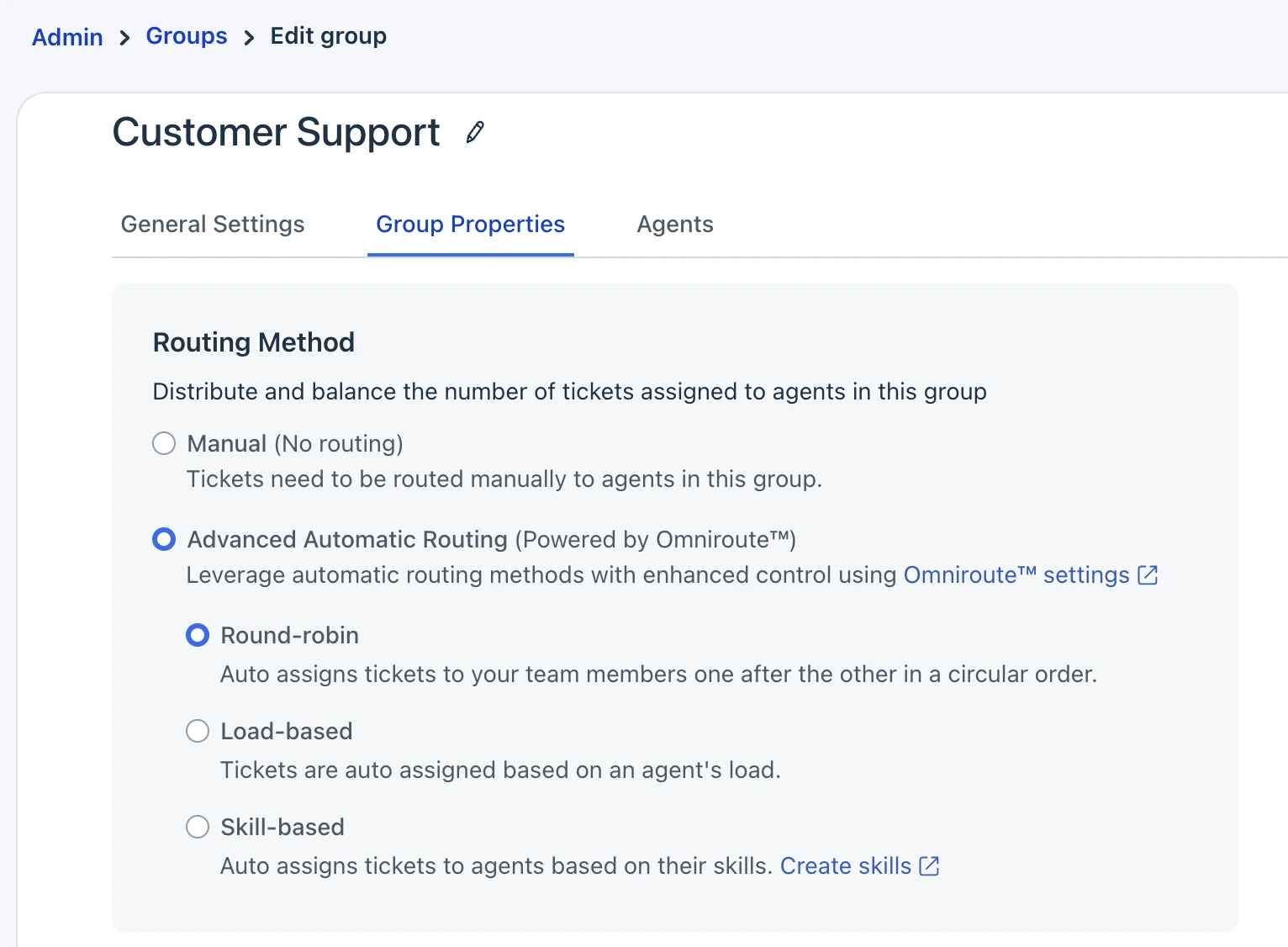 Freshdesk Edit group screen on the Group Properties tab, with routing method options for Manual and Advanced Automatic Routing powered by Omniroute, and round-robin selected over load-based and skill-based, as taken from Freshdesk's round-robin routing docs
