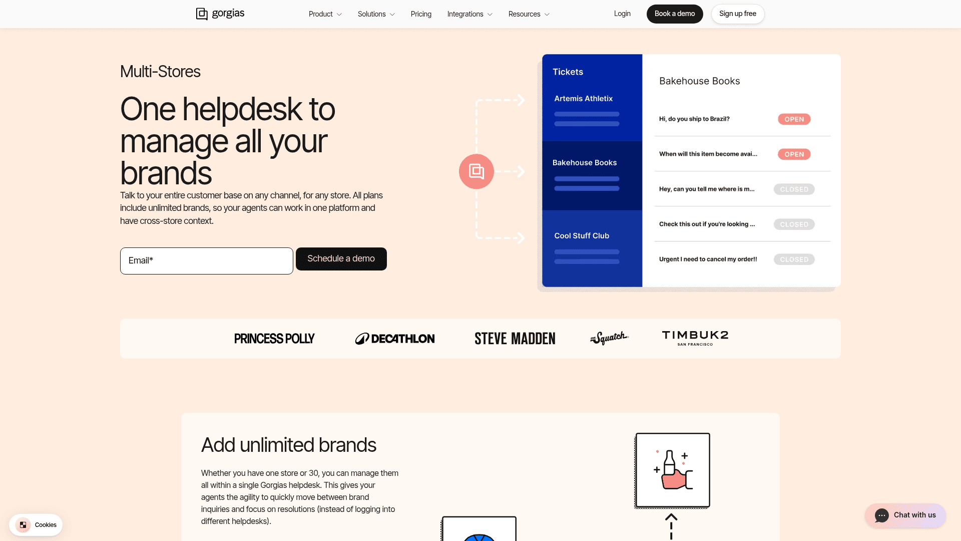 Gorgias multi-store page showing a ticket list split by brand (Artemis Athletix, Bakehouse Books, Cool Stuff Club) under the headline One helpdesk to manage all your brands, as taken from Gorgias