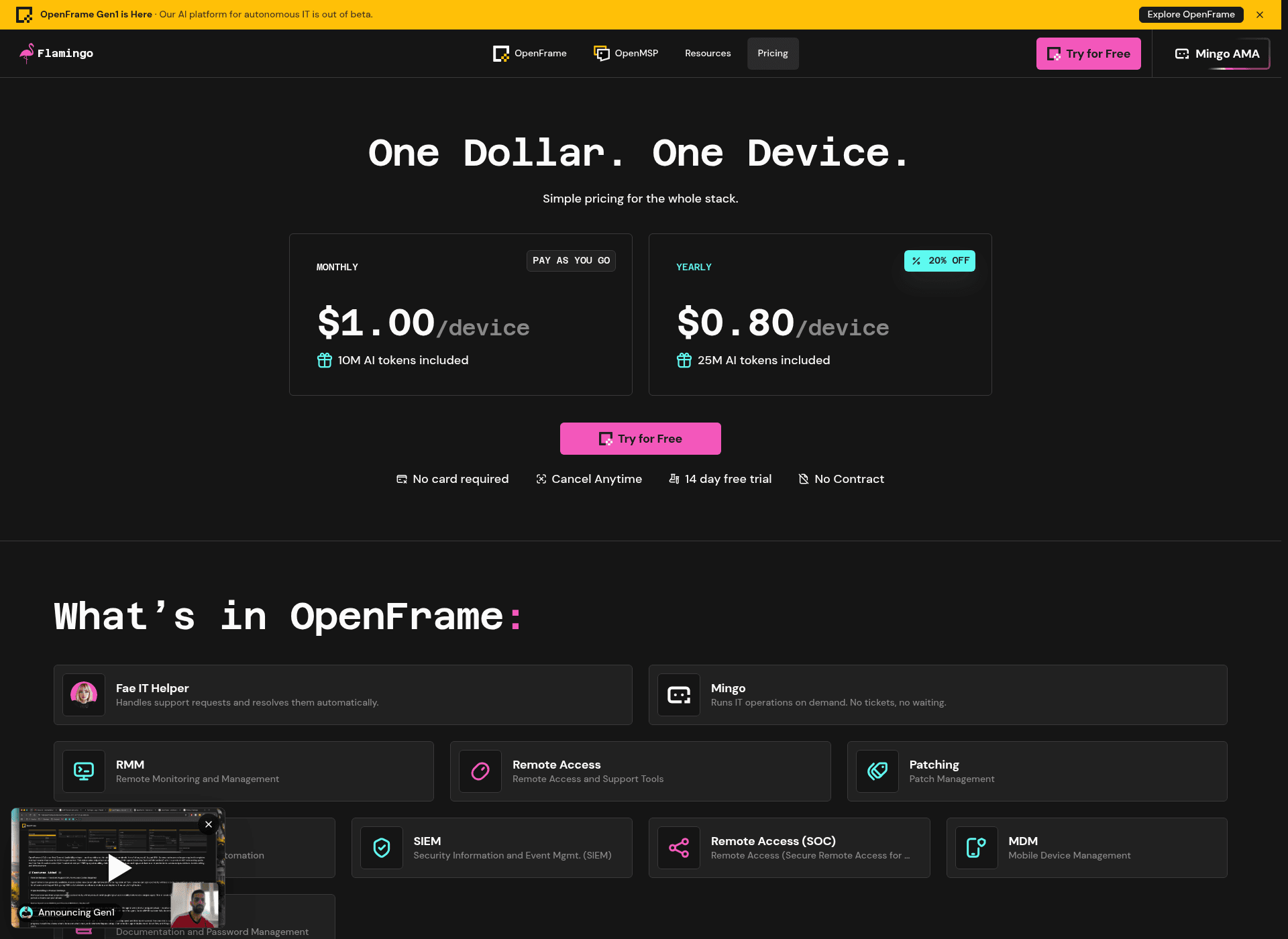Flamingo's pricing page showing the $1.00 monthly and $0.80 yearly per-device cards with token allowances, as taken from Flamingo