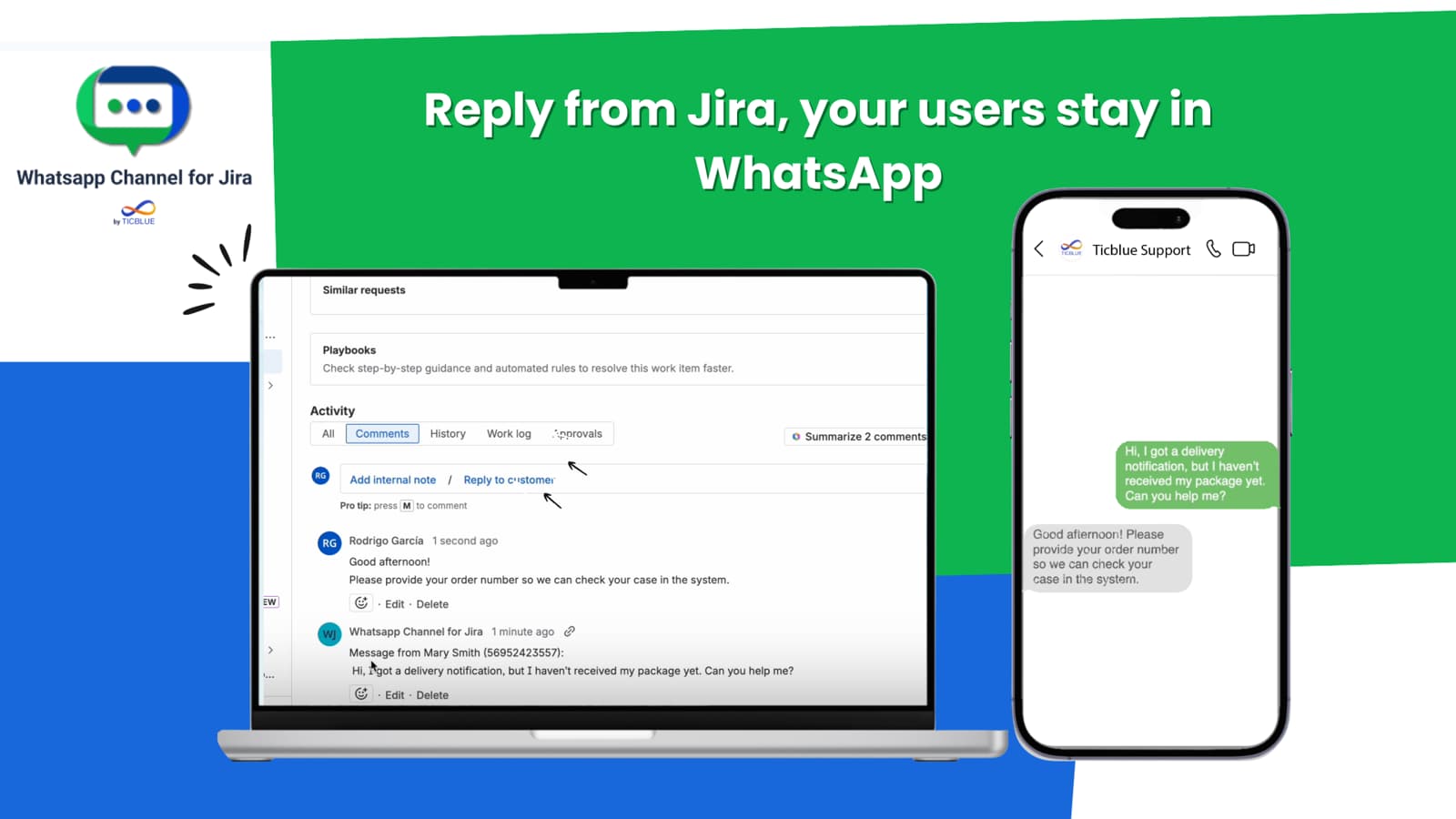 Ticblue's WhatsApp Channel for Jira listing, showing an agent choosing Reply to customer on a JSM work item while the reply lands in the customer's WhatsApp chat, as taken from the Atlassian Marketplace