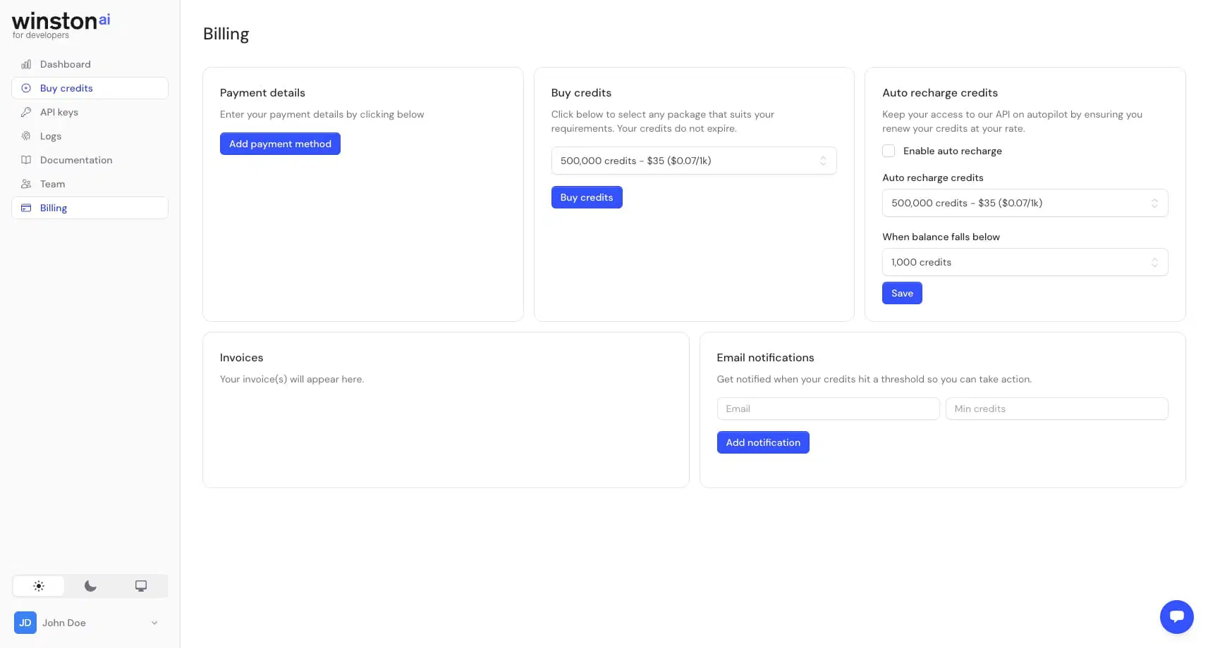 Winston AI's developer billing screen, from the Winston AI content detection API page