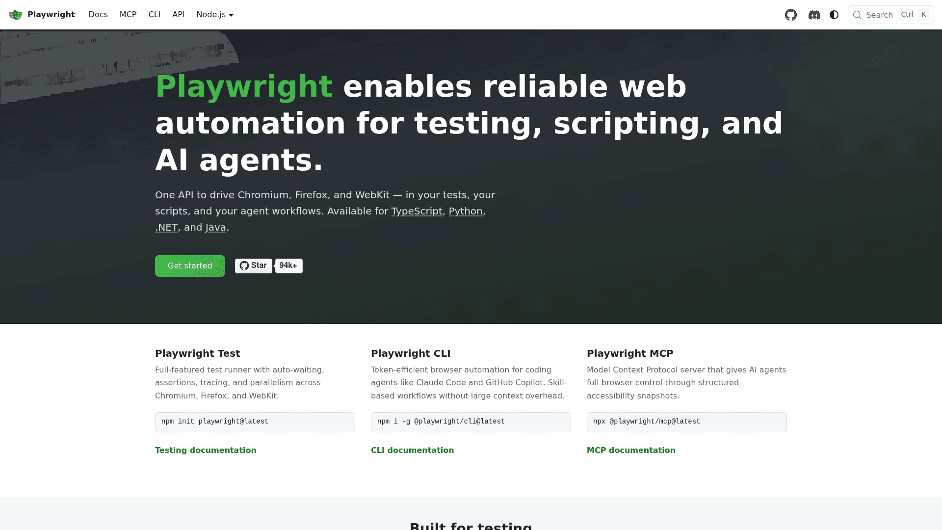 Playwright homepage showing the open source cross-browser automation framework, as taken from Playwright