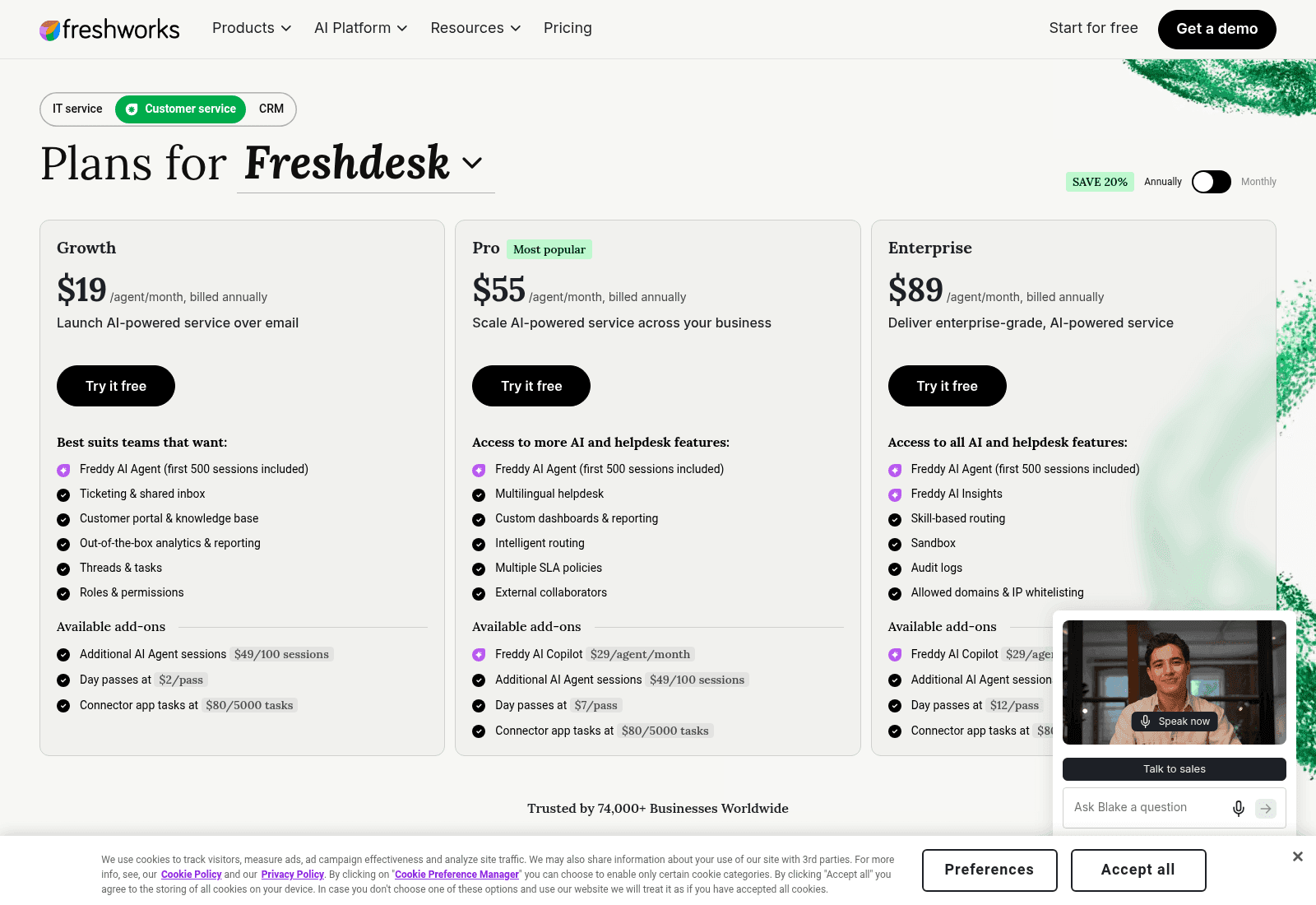 The Freshdesk pricing page showing Growth, Pro and Enterprise plans with Freddy AI add-ons, as taken from Freshworks