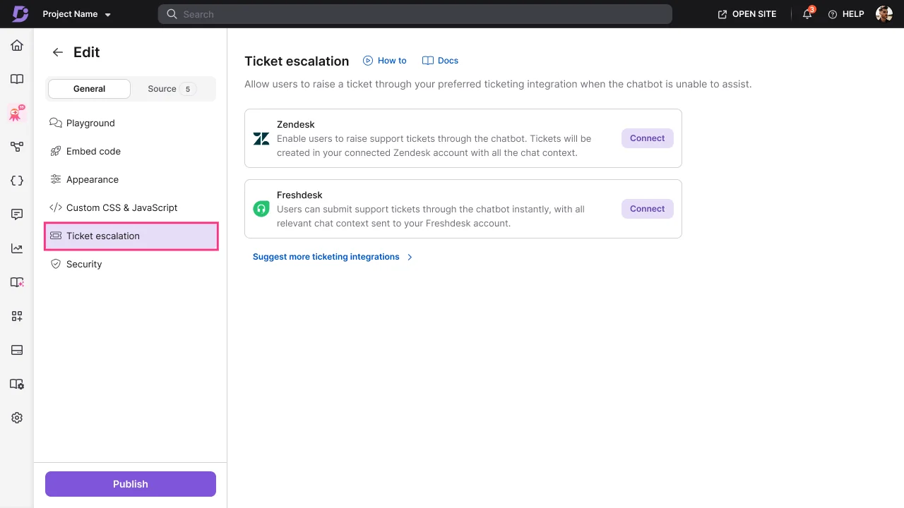 Document360's ticket escalation settings, offering Zendesk and Freshdesk plus a link to suggest more integrations
