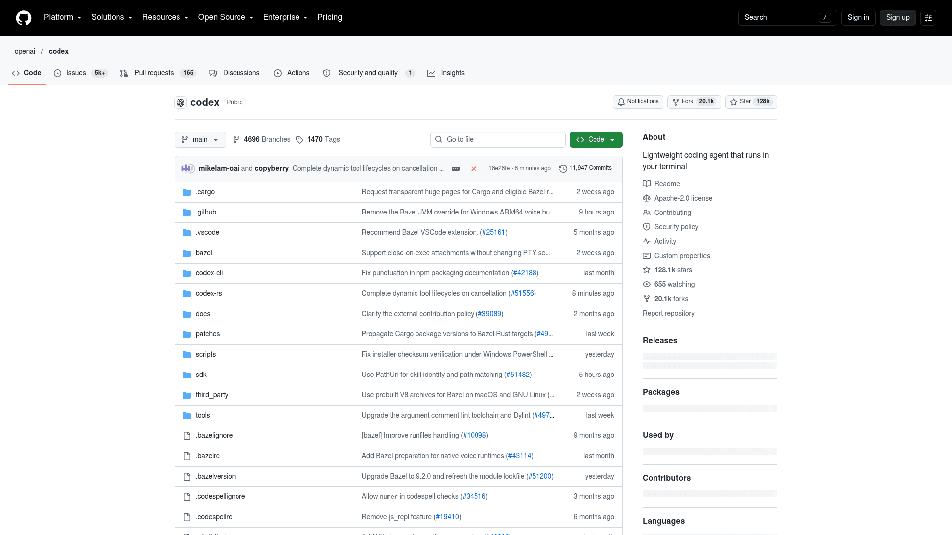 The openai/codex repository on GitHub, showing 128k stars, 20.1k forks, the Apache-2.0 license and the description "Lightweight coding agent that runs in your terminal", as taken from GitHub