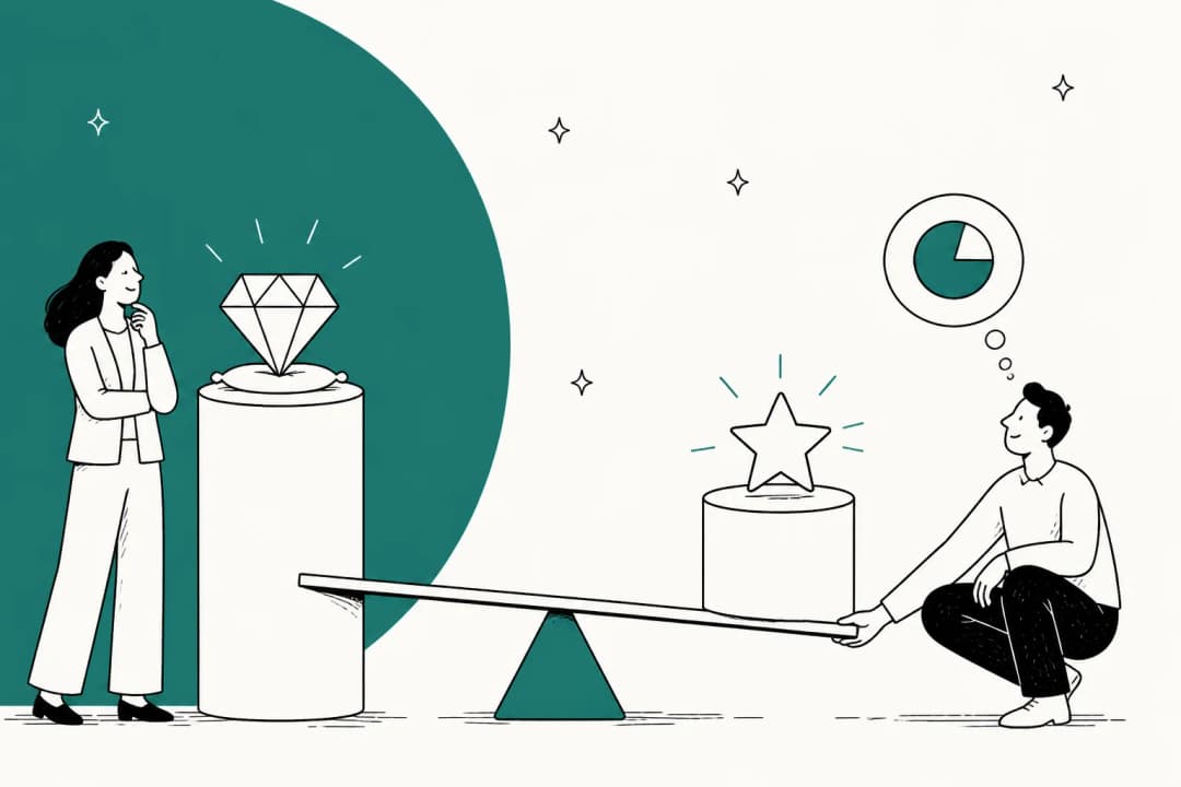 Hand-drawn illustration of two people weighing a diamond against a star on a seesaw, for a guide to OpenAI's GPT-6.1 Sol