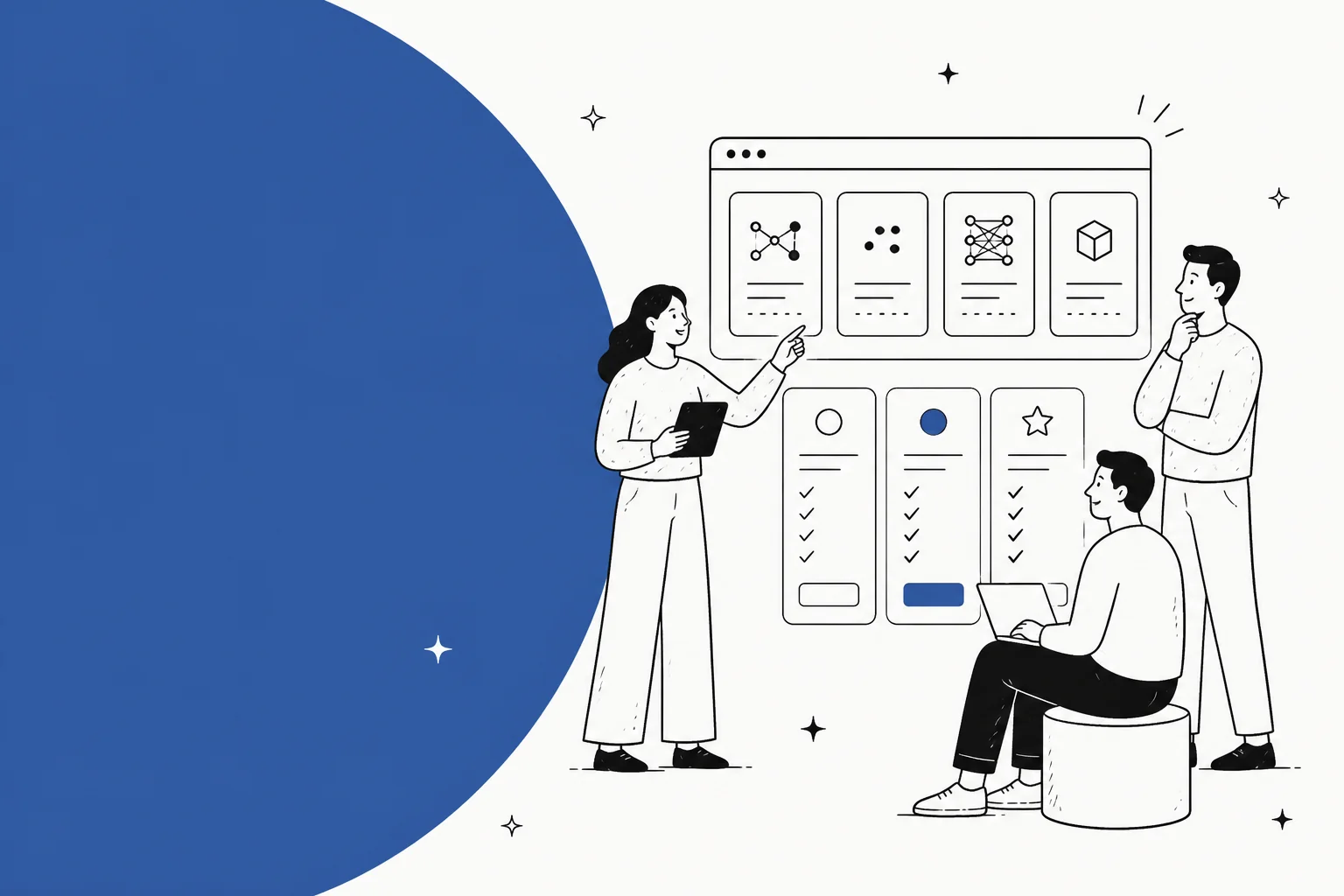 Illustration of a pricing page with three plan cards next to an AI model directory dashboard