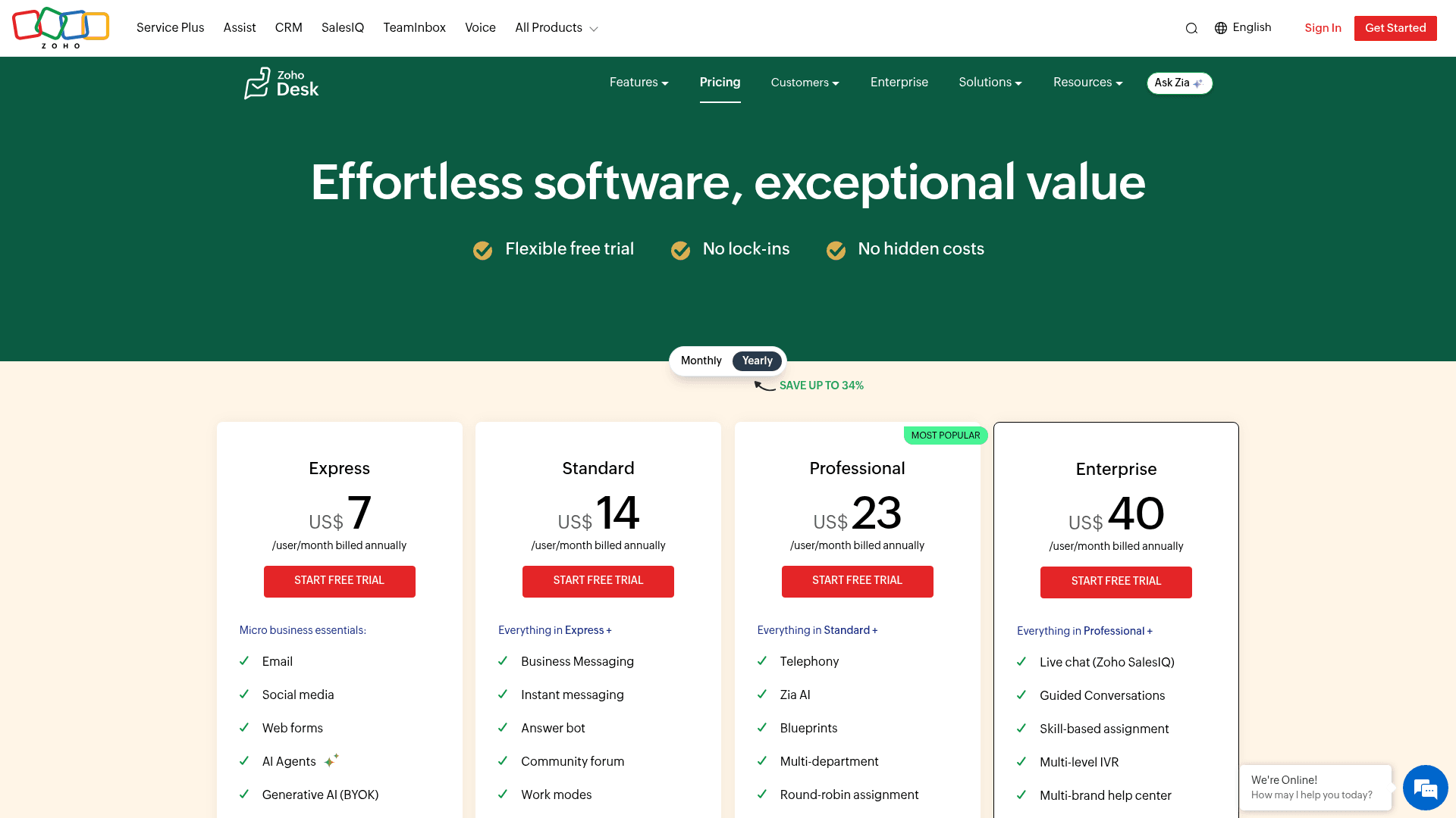 Zoho Desk pricing page showing tiered plans, as taken from Zoho