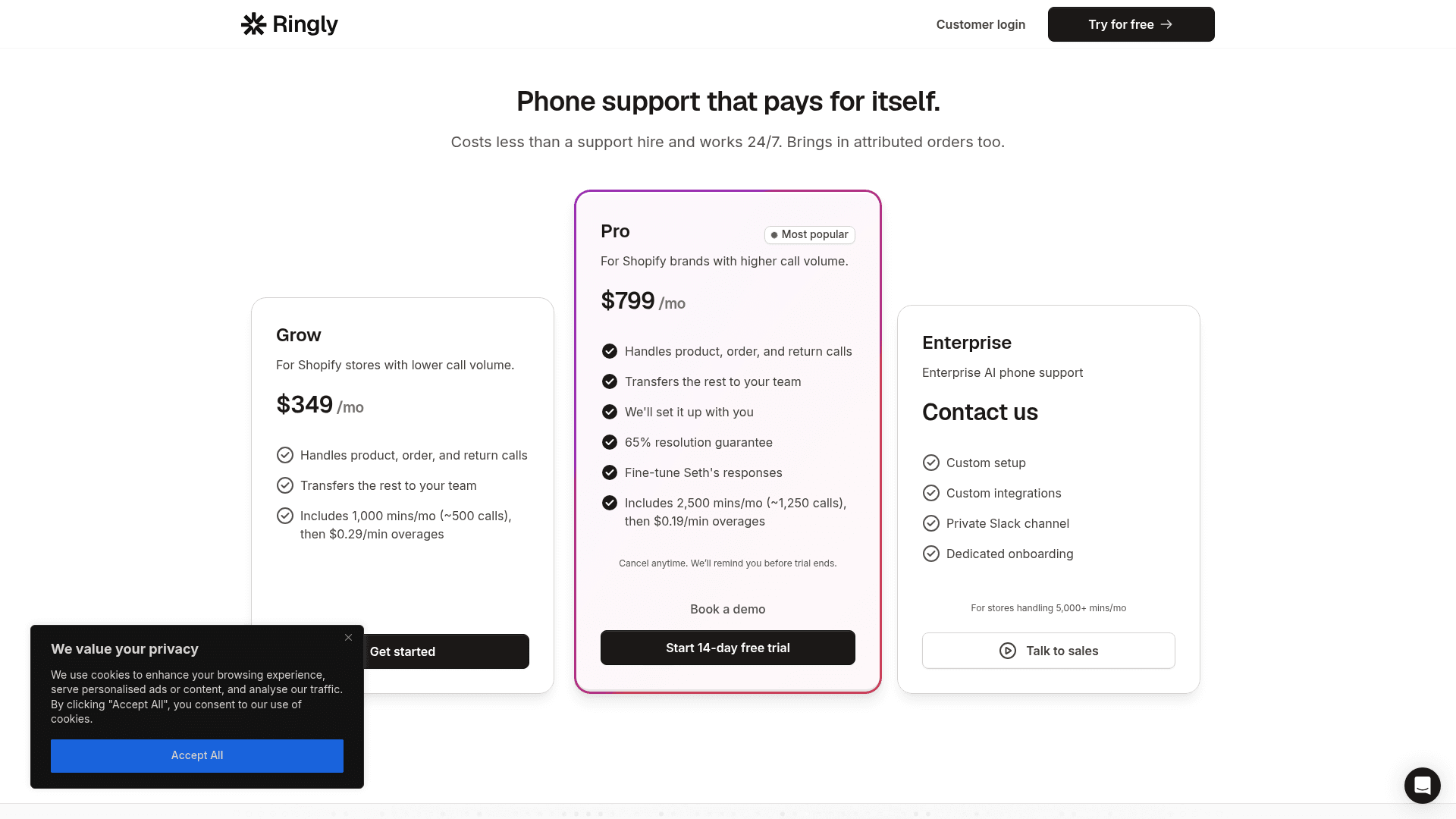 The Ringly pricing page showing the Grow, Pro, and Enterprise plan cards, as taken from Ringly