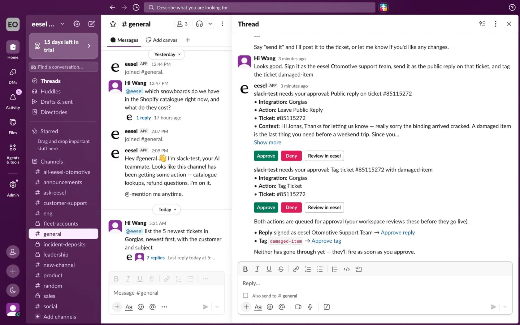 Slack thread where eesel asks for approval to post a public reply and add a tag on a Gorgias ticket, each with Approve, Deny and Review in eesel buttons