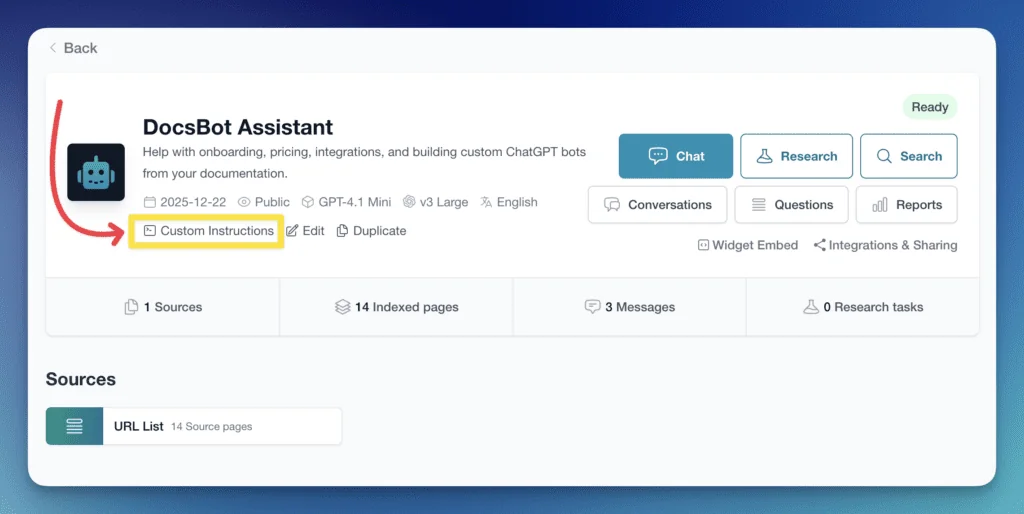 A DocsBot bot detail page with custom instructions, sources, and indexed pages, as taken from DocsBot