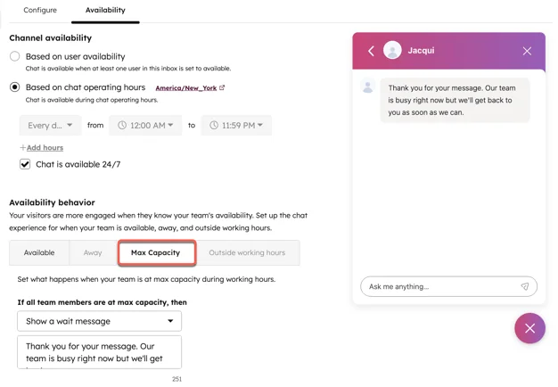 HubSpot chat availability settings with the Max Capacity tab set to show a wait message when all team members are at max capacity