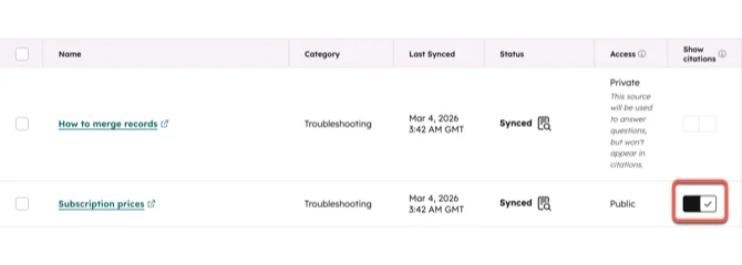 HubSpot customer agent sources table showing one private knowledge base article used to answer questions without citations and one public article with citations on, as taken from HubSpot