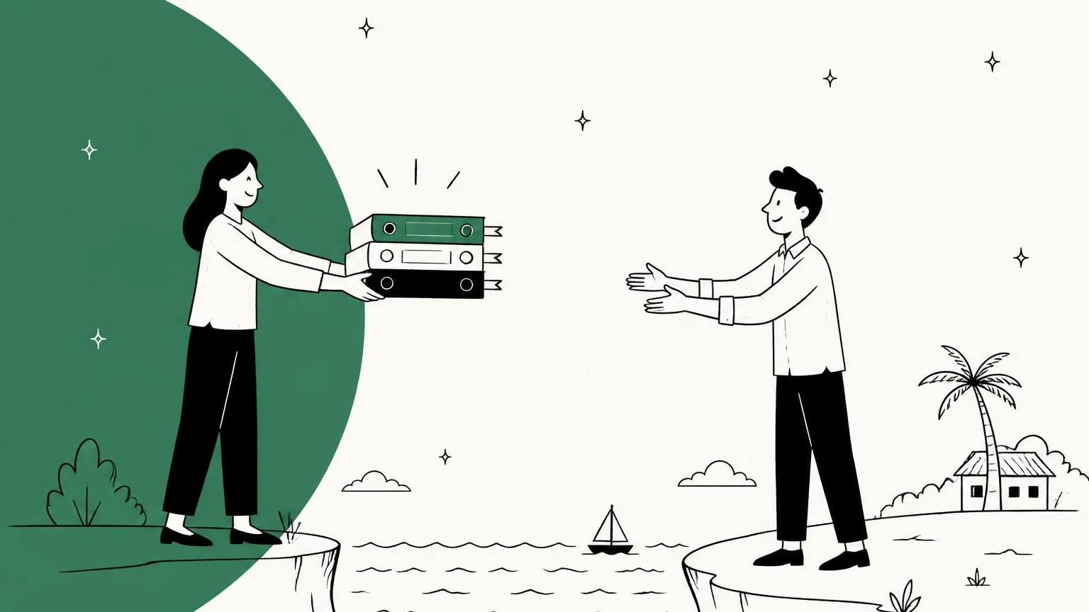 Hand-drawn illustration of an in-house support agent handing a stack of binders across the water to an offshore support agent