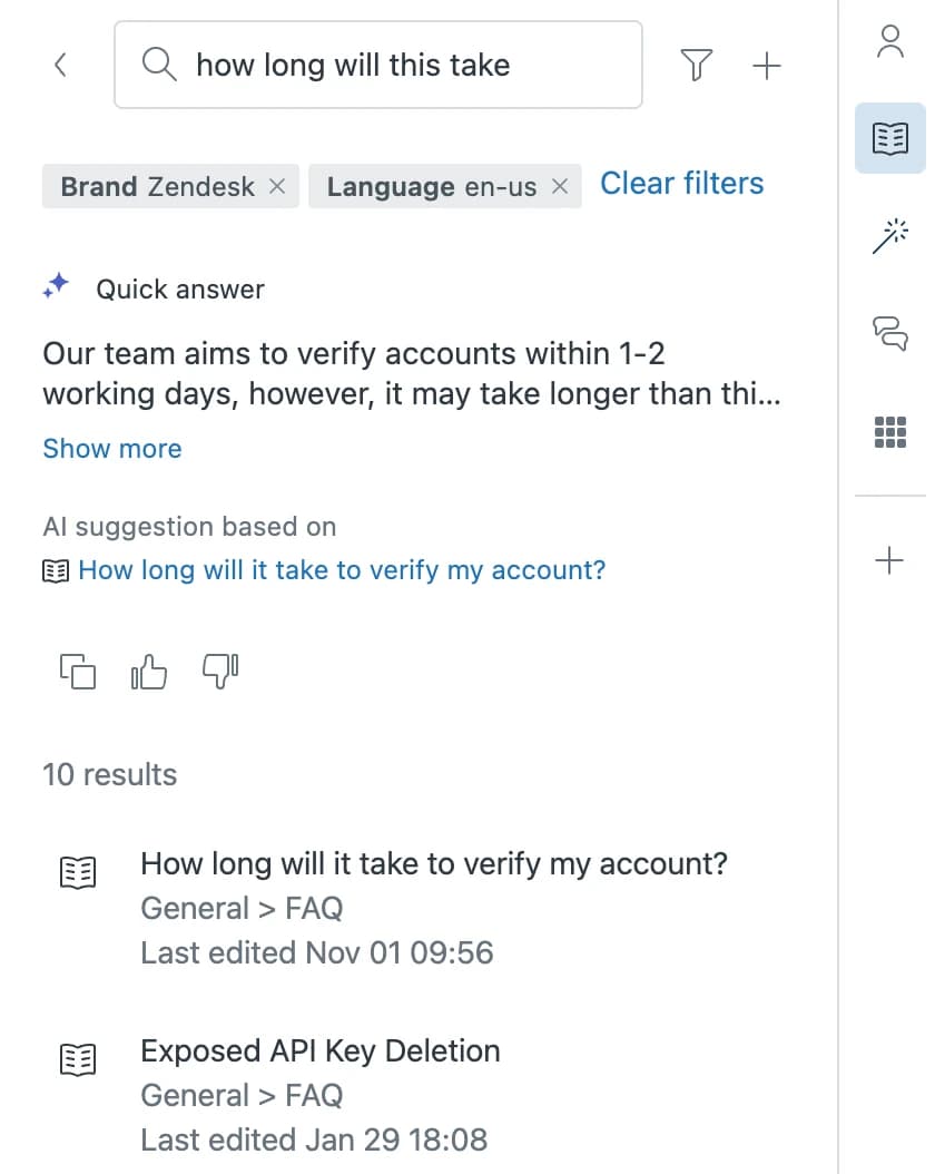 Zendesk knowledge section in the ticket sidebar answering "how long will this take" with a quick answer and an "AI suggestion based on" link to the source article, above ten search results, as taken from Zendesk's help center