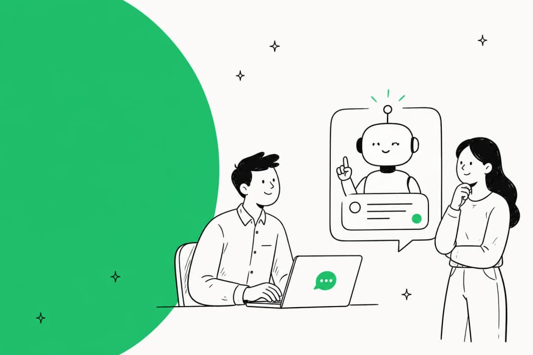 Illustration of a customer and an agent chatting with an AI assistant on a live-chat window