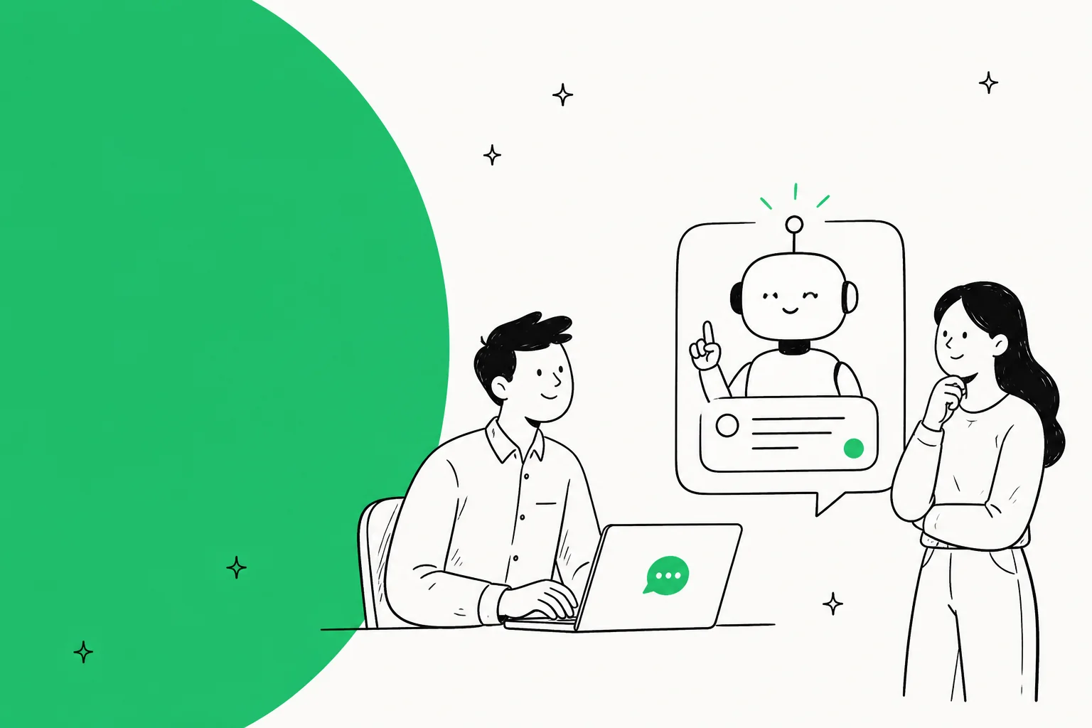Illustration of a customer and an agent chatting with an AI assistant on a live-chat window