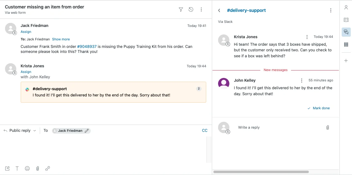 The same Slack reply appearing inside the Zendesk ticket's side conversation panel, as taken from Zendesk's help center
