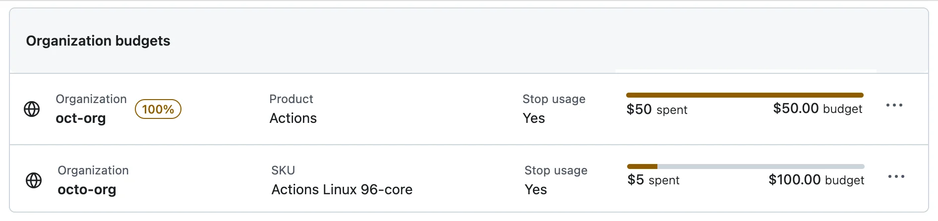 GitHub organization budgets table showing one budget fully consumed at 100 percent and another partly spent, as taken from GitHub's docs