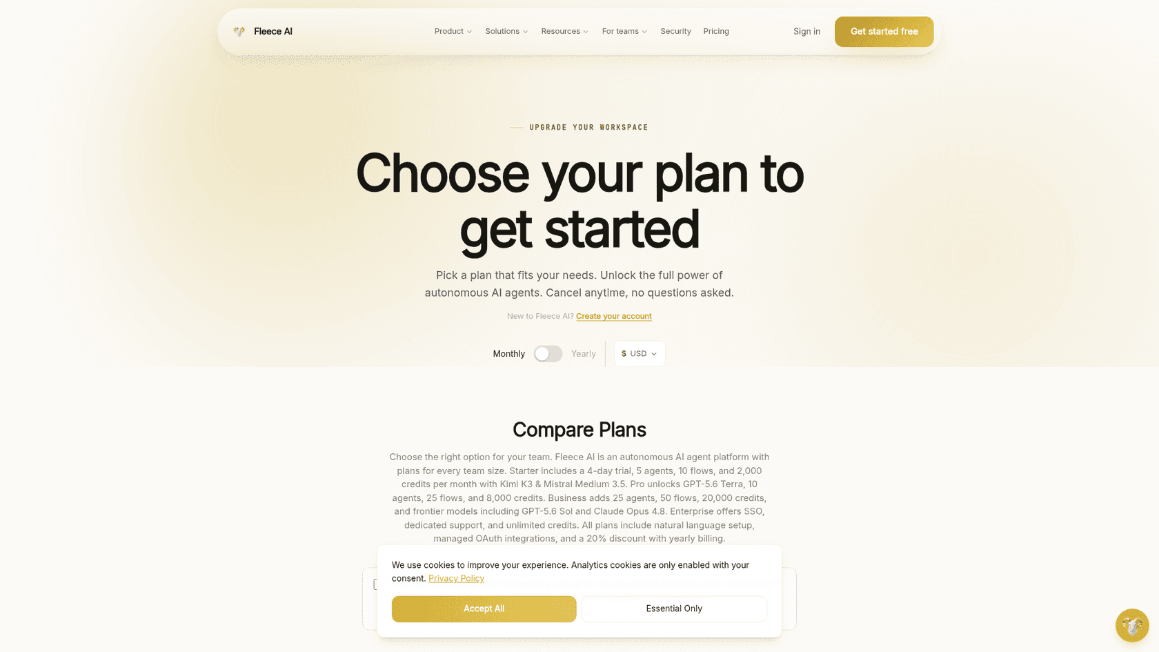 Fleece AI subscribe page showing Starter, Pro, Business and Enterprise tiers priced in euros