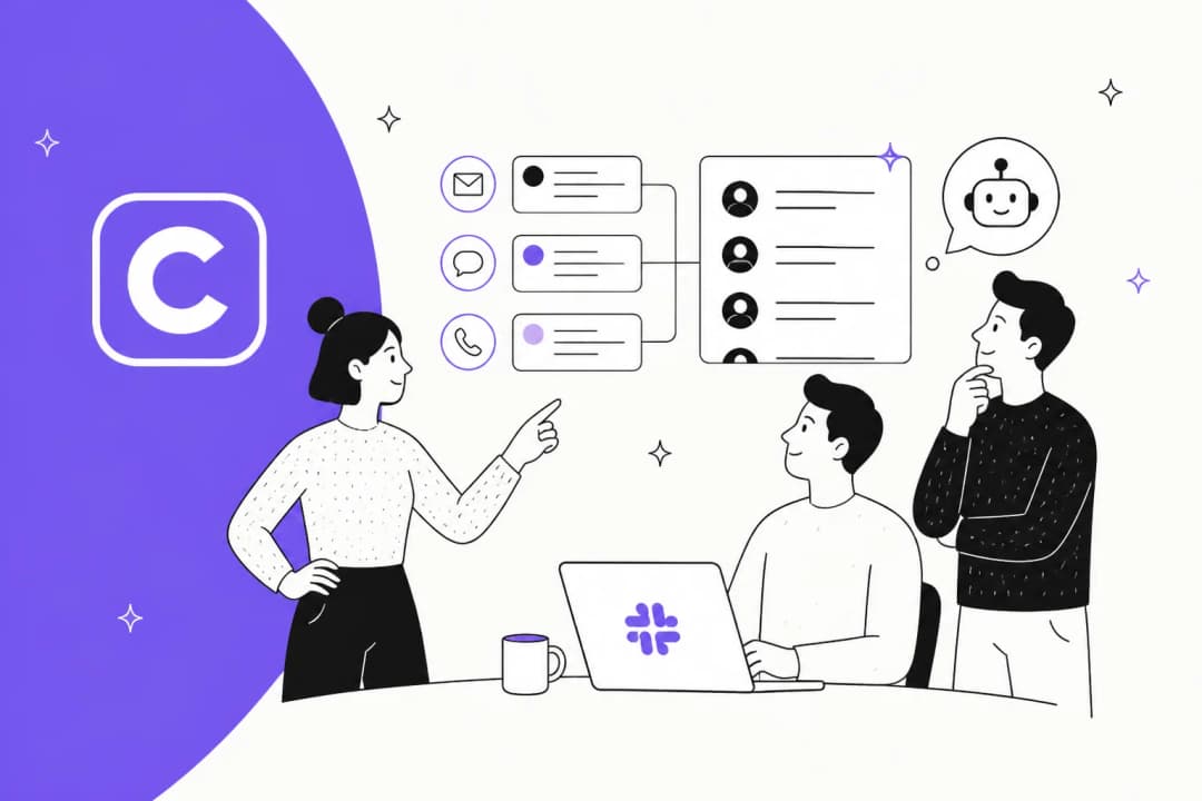 Illustration of a support team reviewing Slack requests routed through a ticket queue, with the ClearFeed logo on a purple background