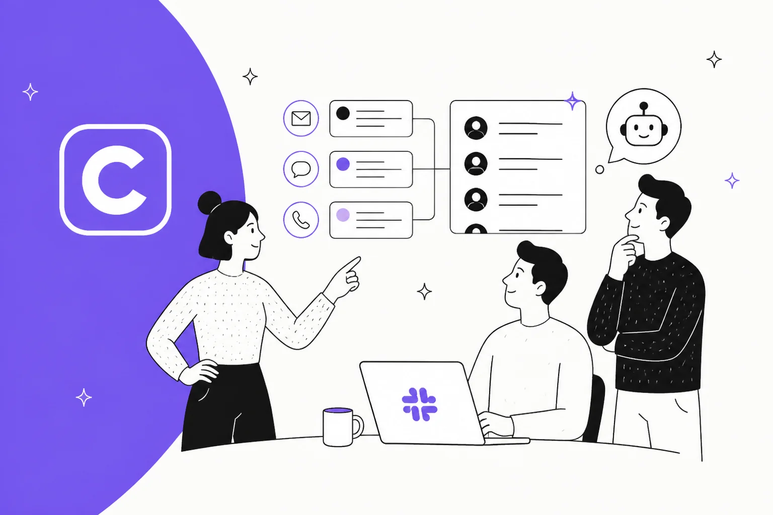 Illustration of a support team reviewing Slack requests routed through a ticket queue, with the ClearFeed logo on a purple background