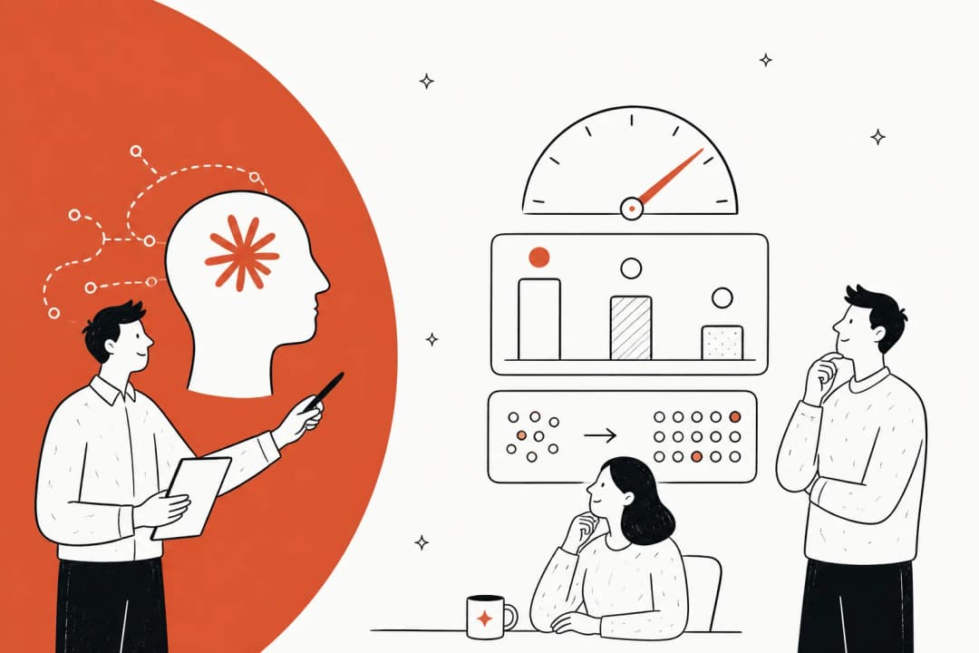 Hand-drawn illustration of a team reviewing a cost gauge and bar chart for Claude Sonnet 5.5 pricing