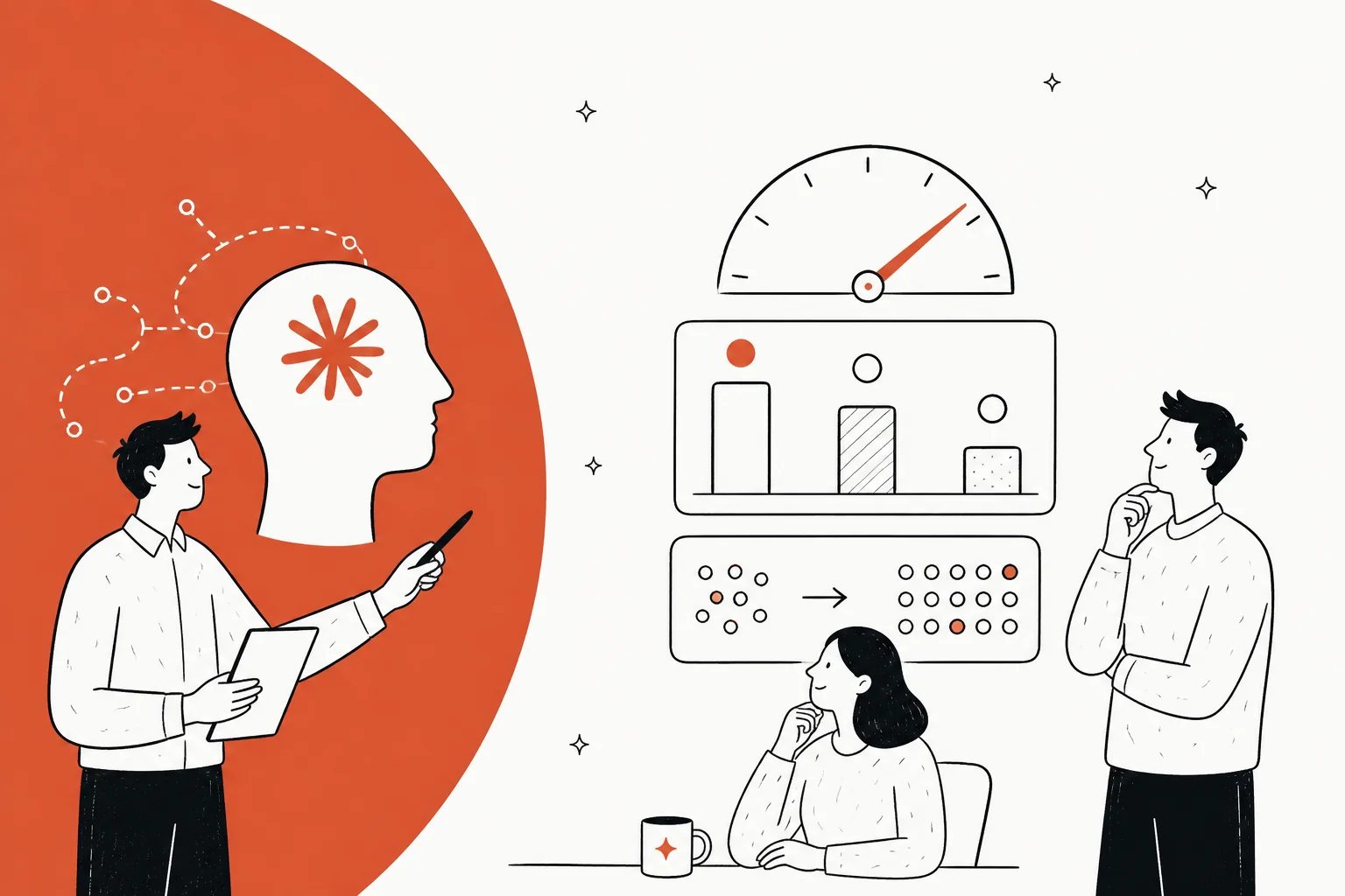 Hand-drawn illustration of a team reviewing a cost gauge and bar chart for Claude Sonnet 5.5 pricing