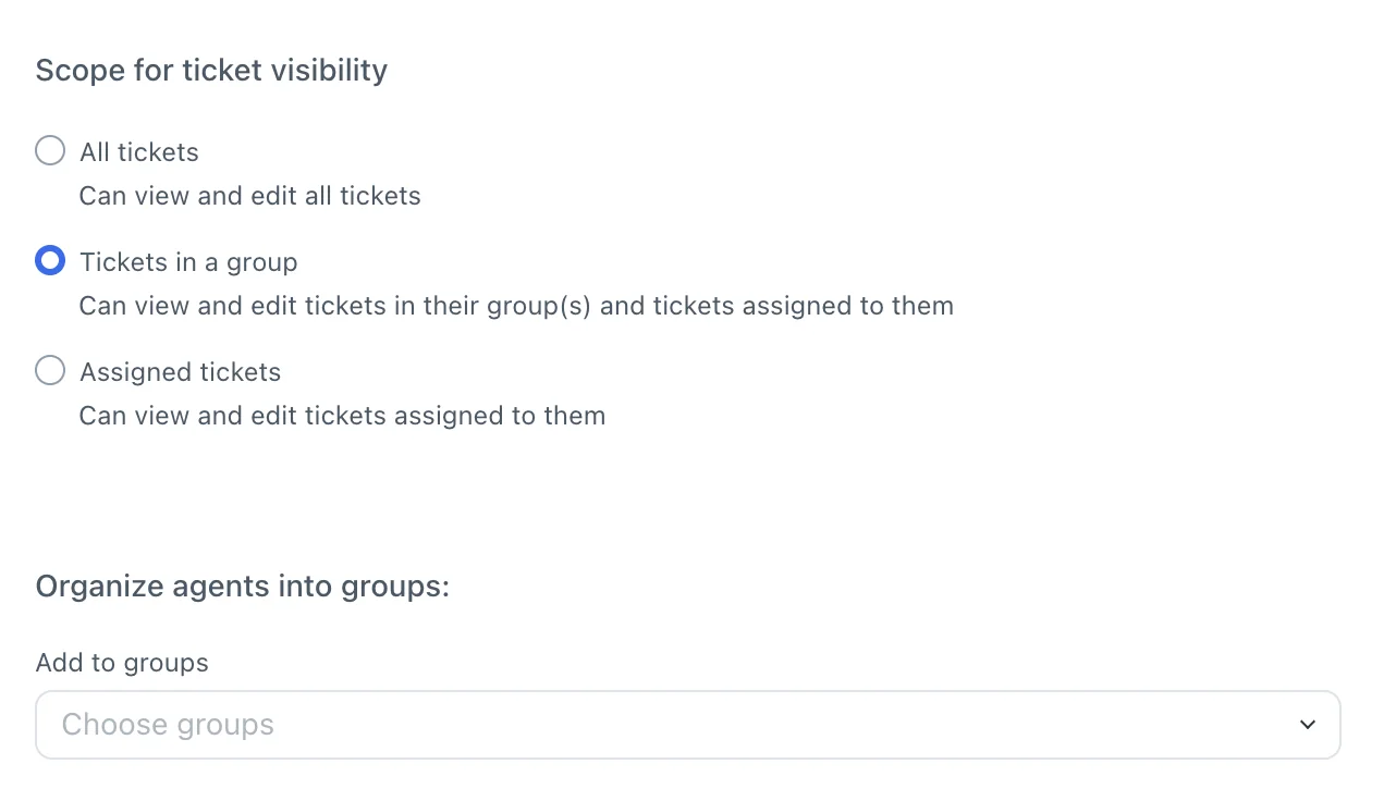 Freshdesk ticket visibility scope options showing all tickets, tickets in a group, and assigned tickets, as taken from Freshdesk's help center