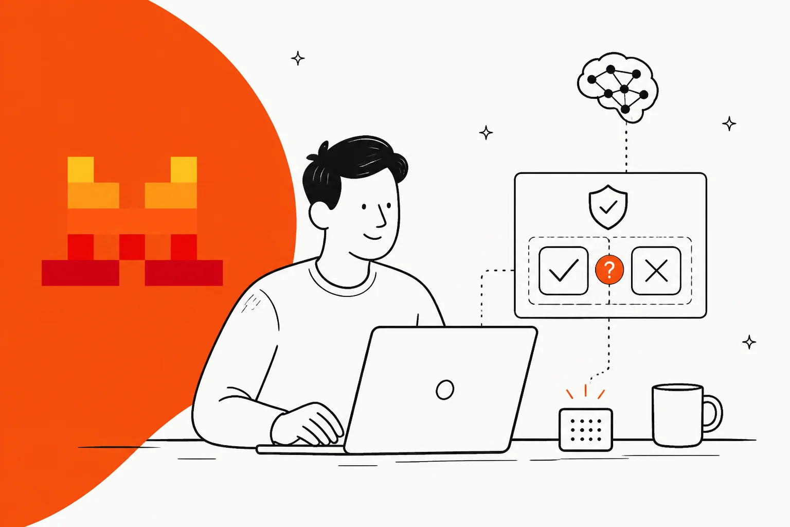 A person at a laptop beside a shield-shaped panel showing a tick, a question mark and a cross, with the Mistral mark on an orange background