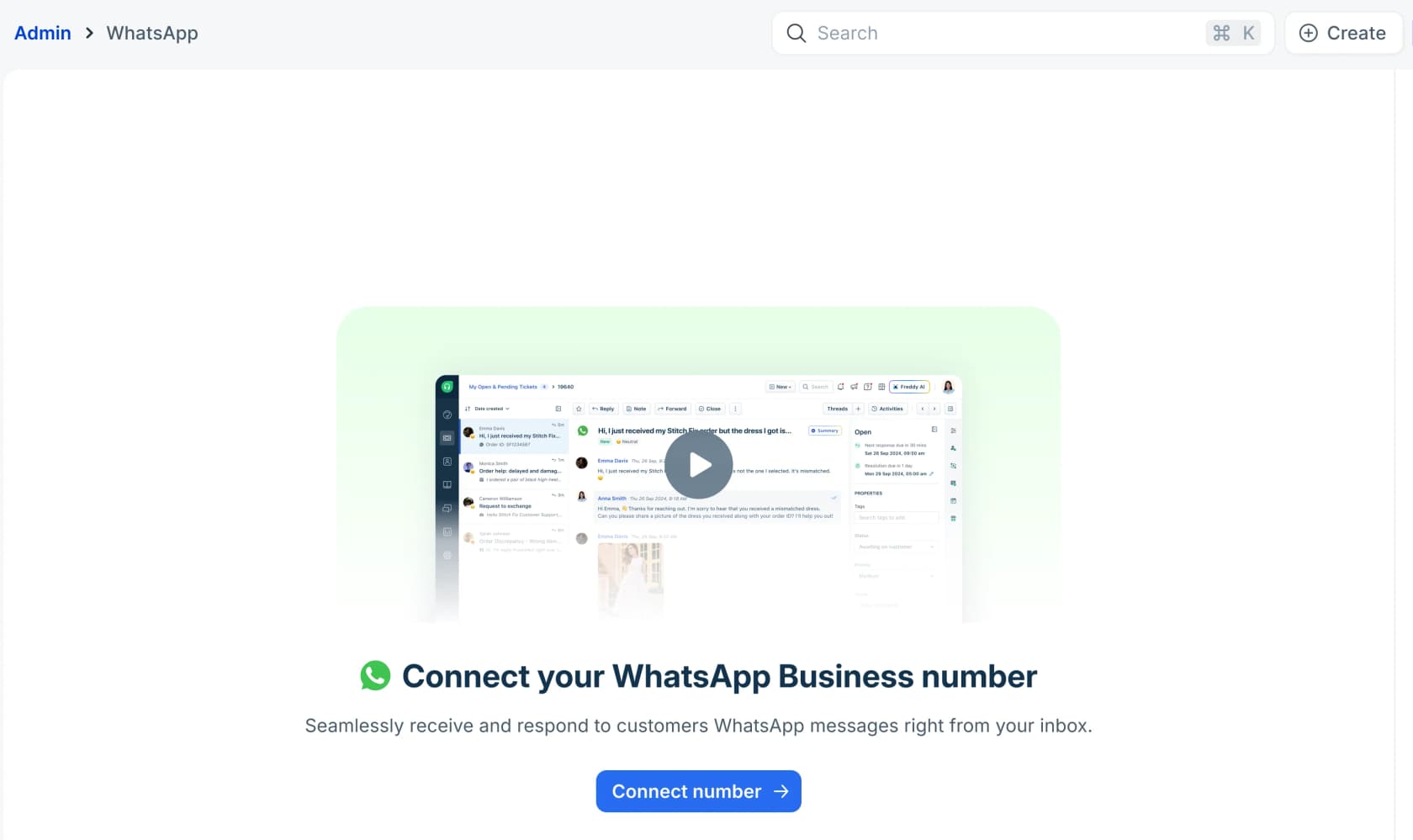 Freshdesk admin page for connecting a WhatsApp Business number, with a Connect number button under an inbox preview, as taken from Freshdesk support