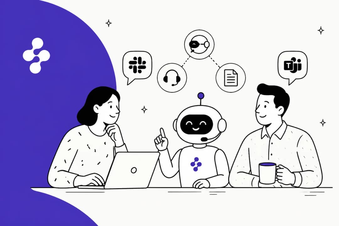 Two colleagues and a friendly robot handling IT and HR questions across Slack and Microsoft Teams, in Enjo's violet brand colour