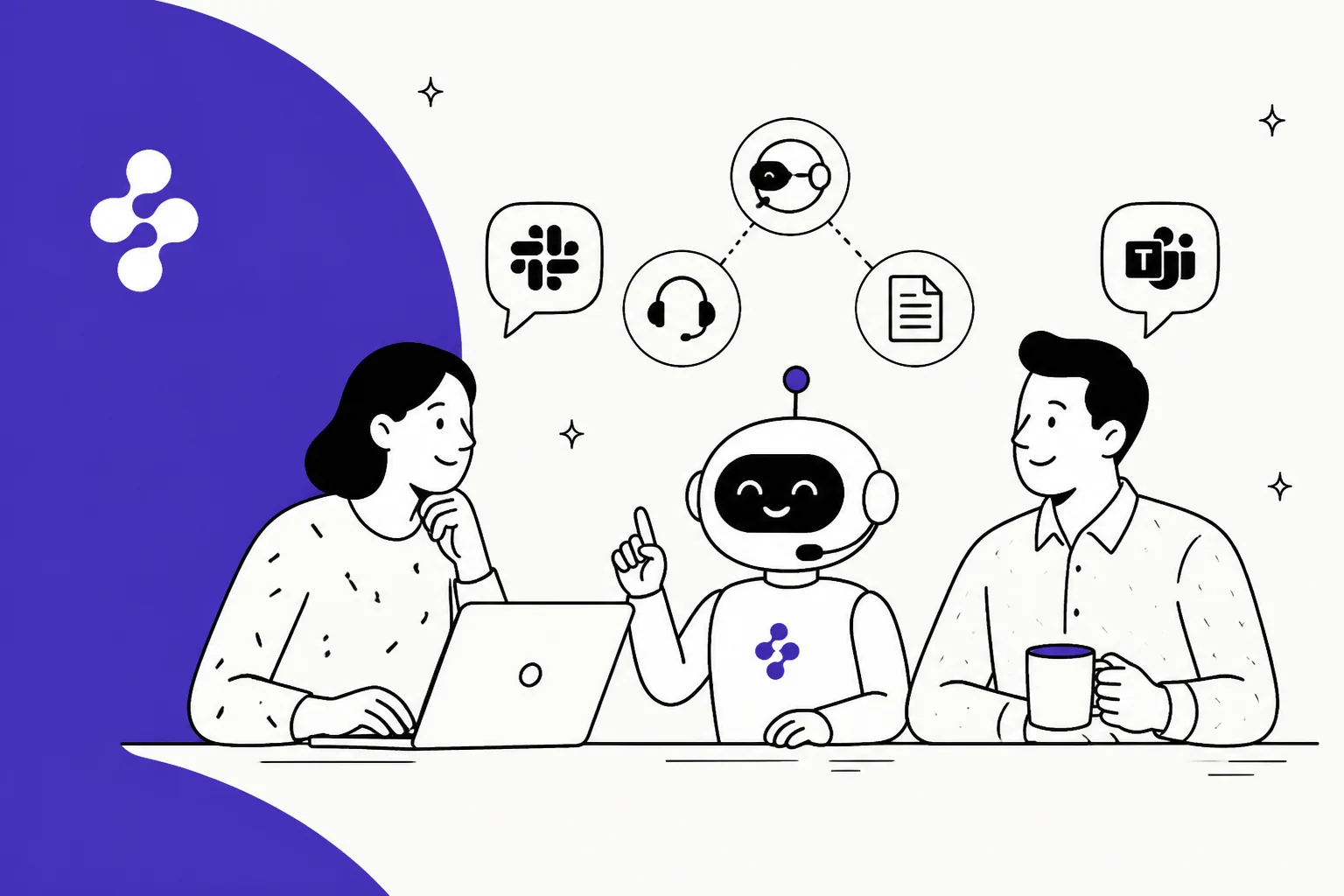 Two colleagues and a friendly robot handling IT and HR questions across Slack and Microsoft Teams, in Enjo's violet brand colour