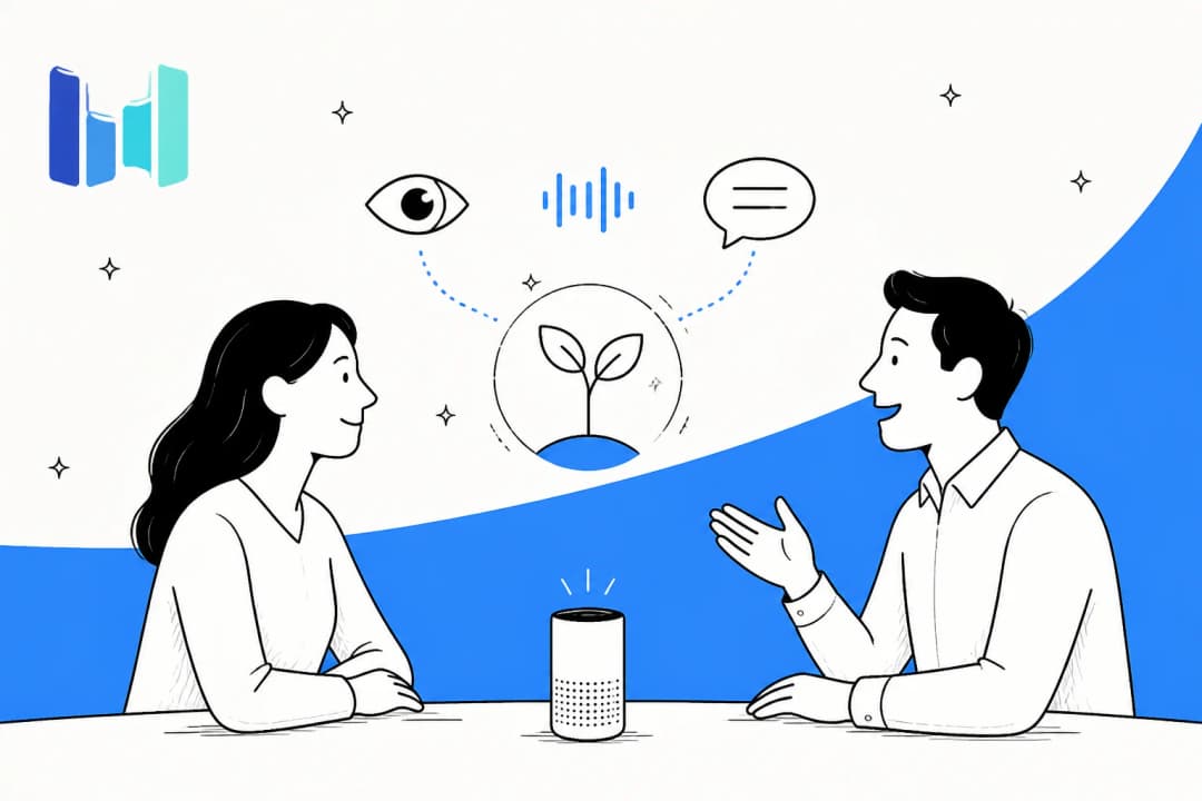Two people talking across a table while an audio-visual AI model watches, listens and speaks in the same loop