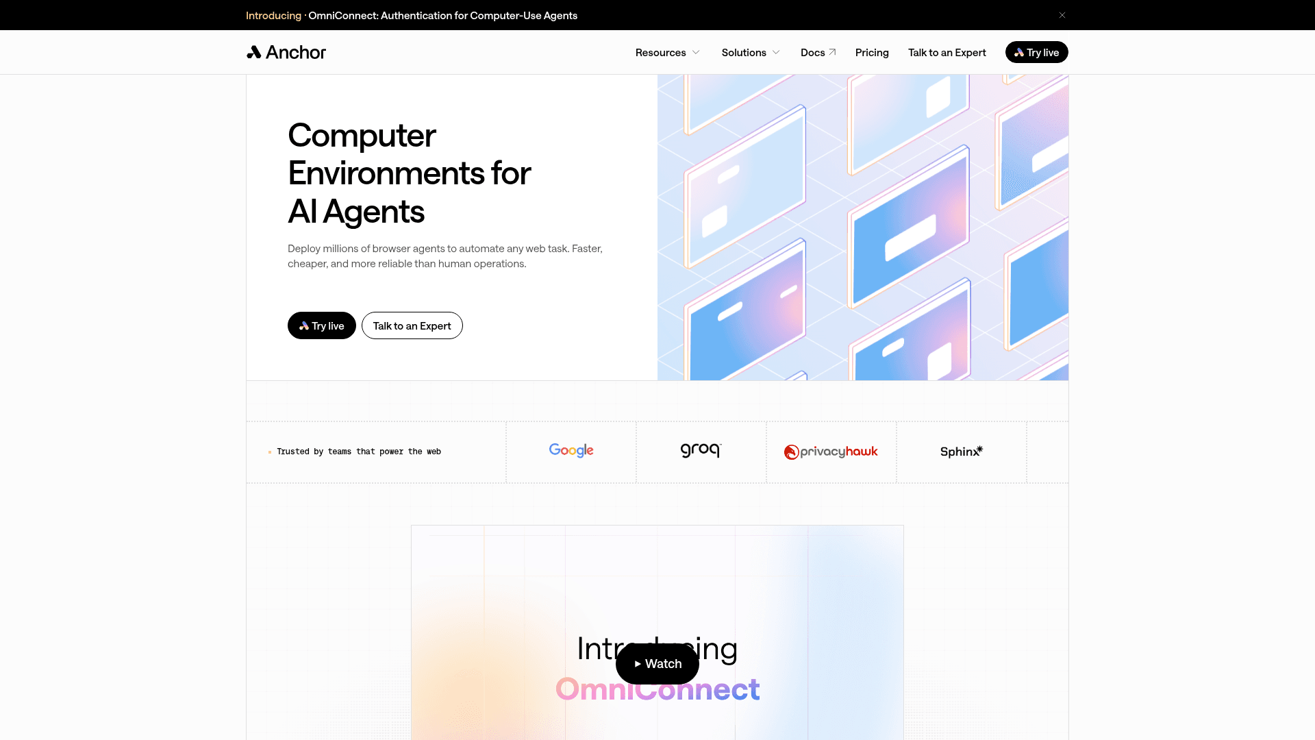 Anchor Browser homepage showing secure infrastructure for computer use agents, as taken from Anchor Browser