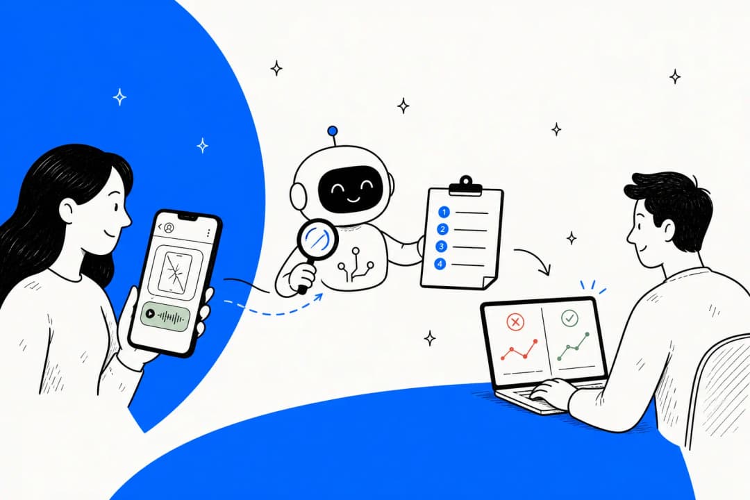 Hand-drawn illustration of a customer sending a broken-app screenshot and a voice note on WhatsApp to a friendly bot with a magnifying glass, which writes numbered repro steps on a clipboard for an engineer whose failing test turns green