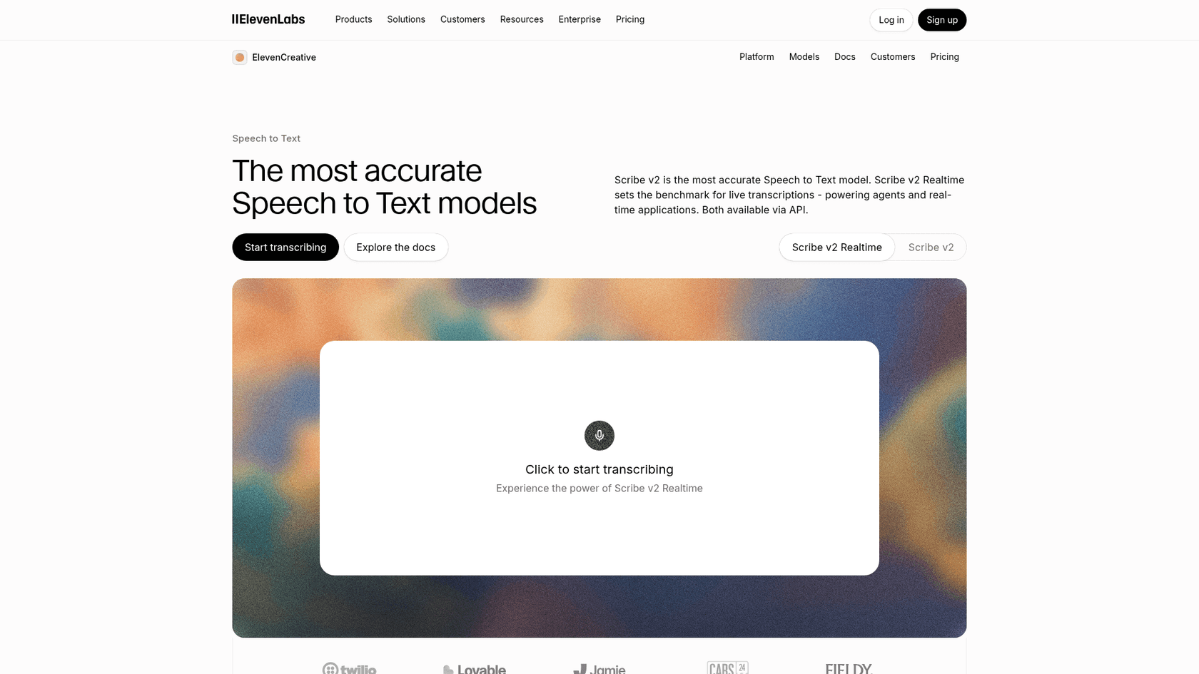 The ElevenLabs Scribe speech-to-text product page, as taken from ElevenLabs