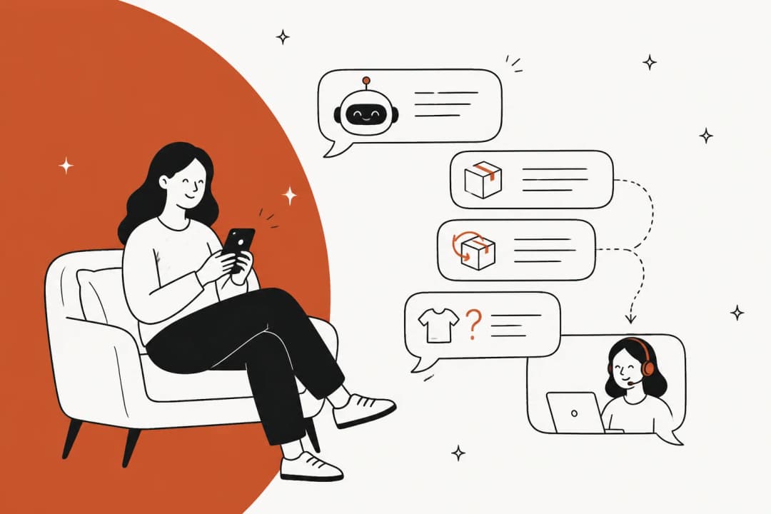 Illustration of a retail chatbot handling order tracking, returns, and product questions for an online store