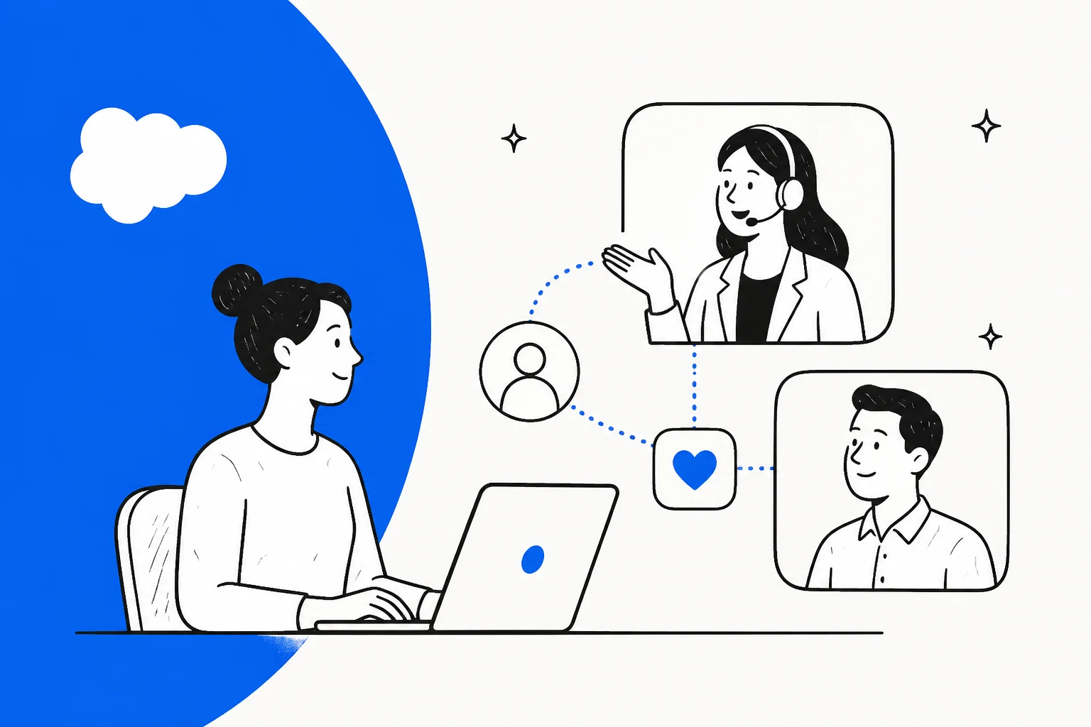 Illustration of a support agent connecting a Salesforce cloud to customers, representing ChatGPT for Salesforce Service Cloud
