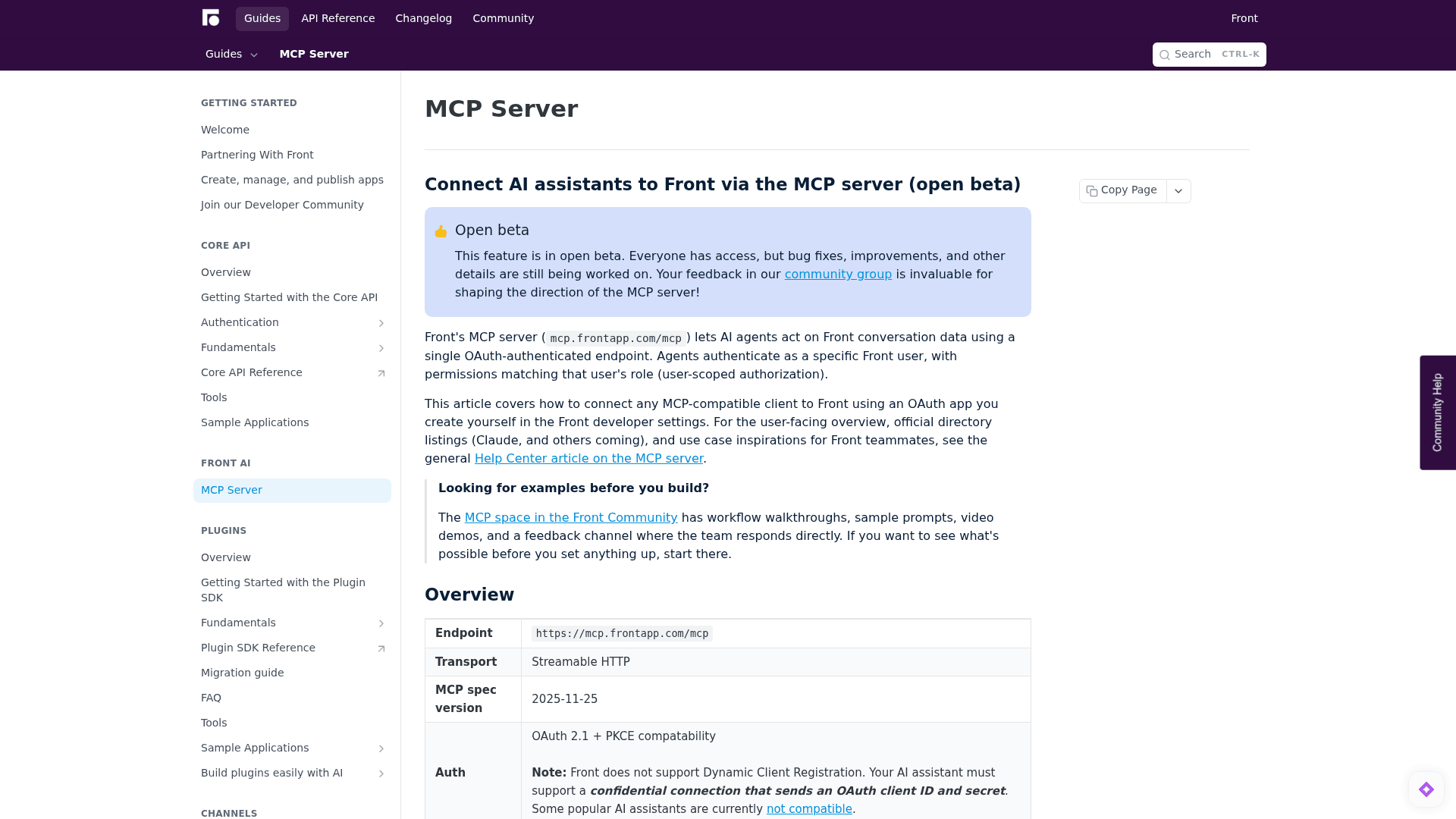 Front's MCP server documentation page listing the endpoint, authentication model and available tools