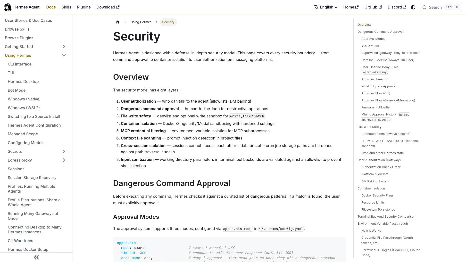 Hermes Agent security docs listing eight layers, from user authorization and dangerous command approval to cross-session isolation and input sanitization, as taken from Hermes docs