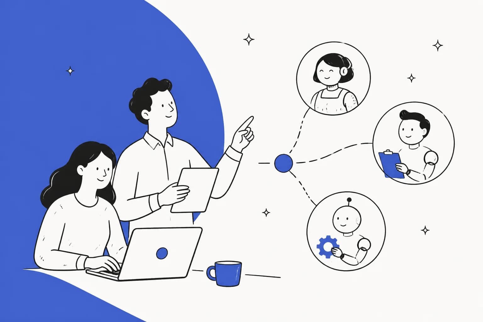 Illustration of a team building AI teammates for business operations