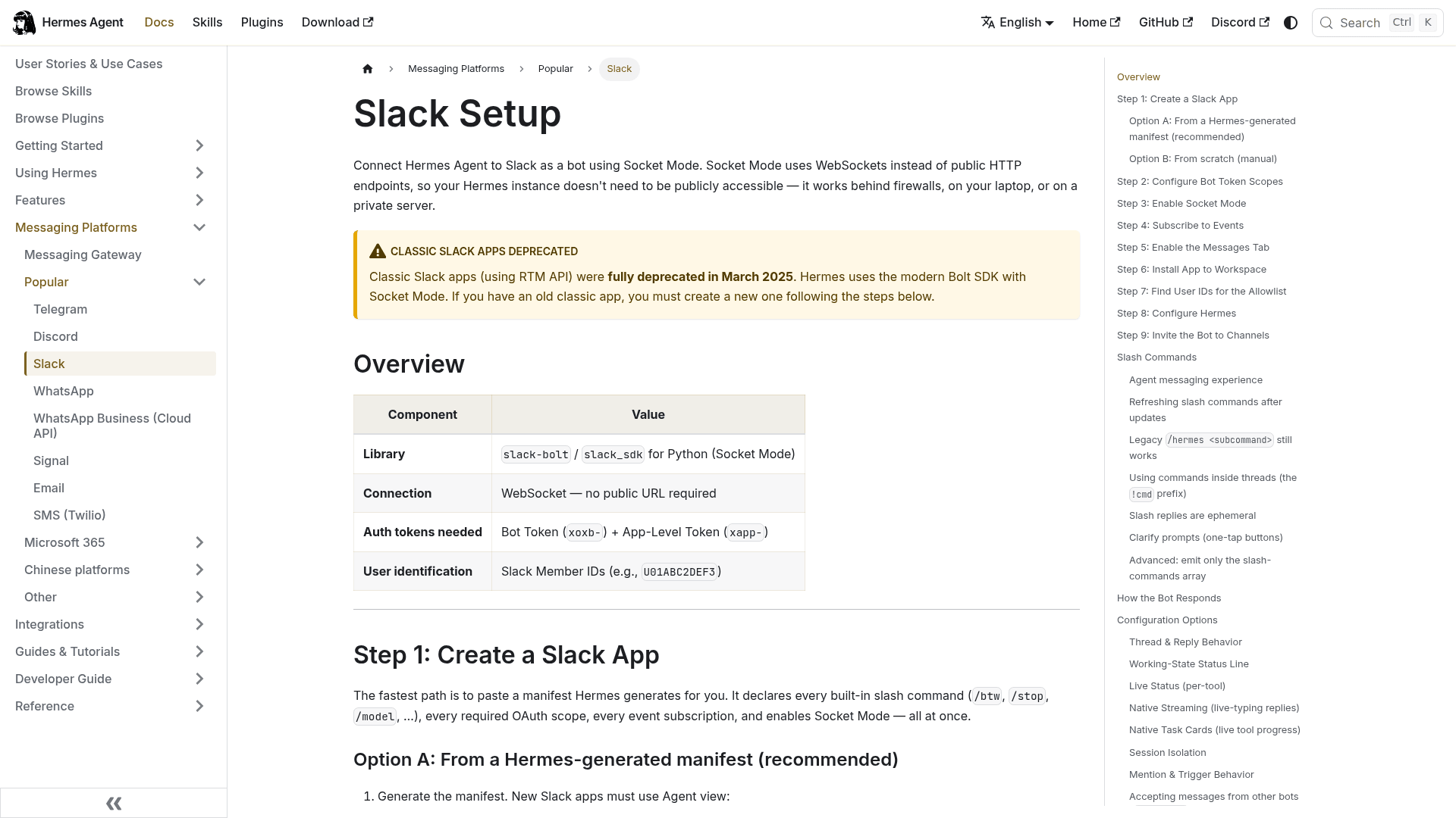 Hermes Agent's Slack setup docs, showing the Socket Mode overview table with bot and app-level tokens and Slack member IDs for user identification, as taken from Hermes docs