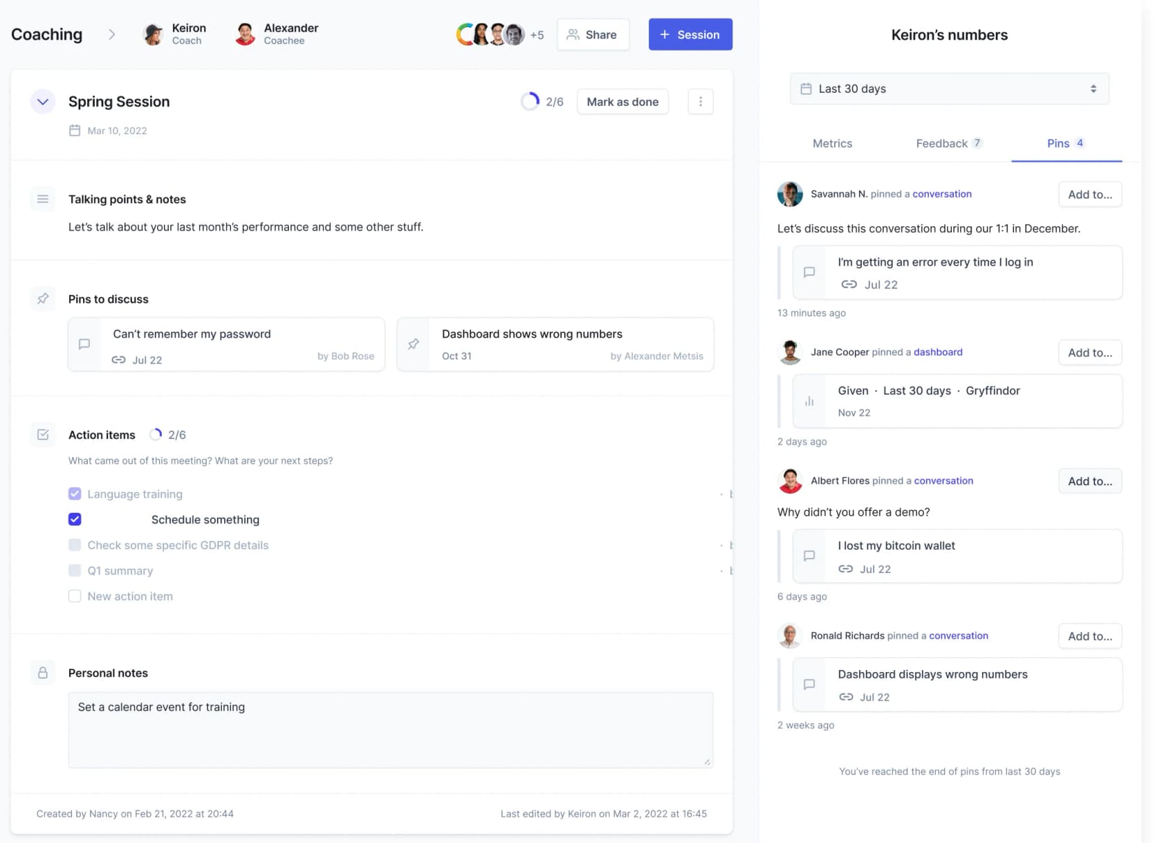 Zendesk QA coaching session with talking points, pinned conversations, action items and the agent's metrics panel, as taken from the Zendesk help center
