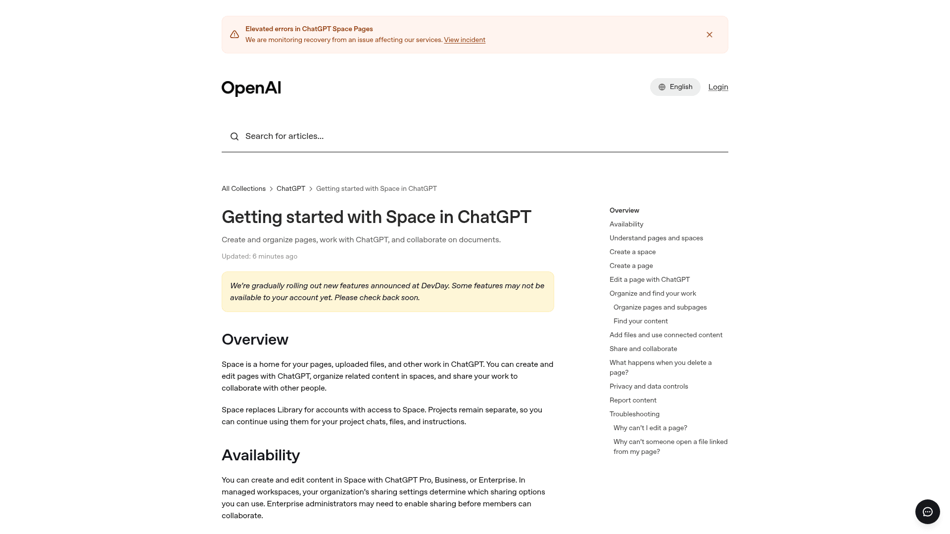 OpenAI's getting started with Space help article showing a status banner for elevated errors in ChatGPT Space Pages, captured October 1, 2026