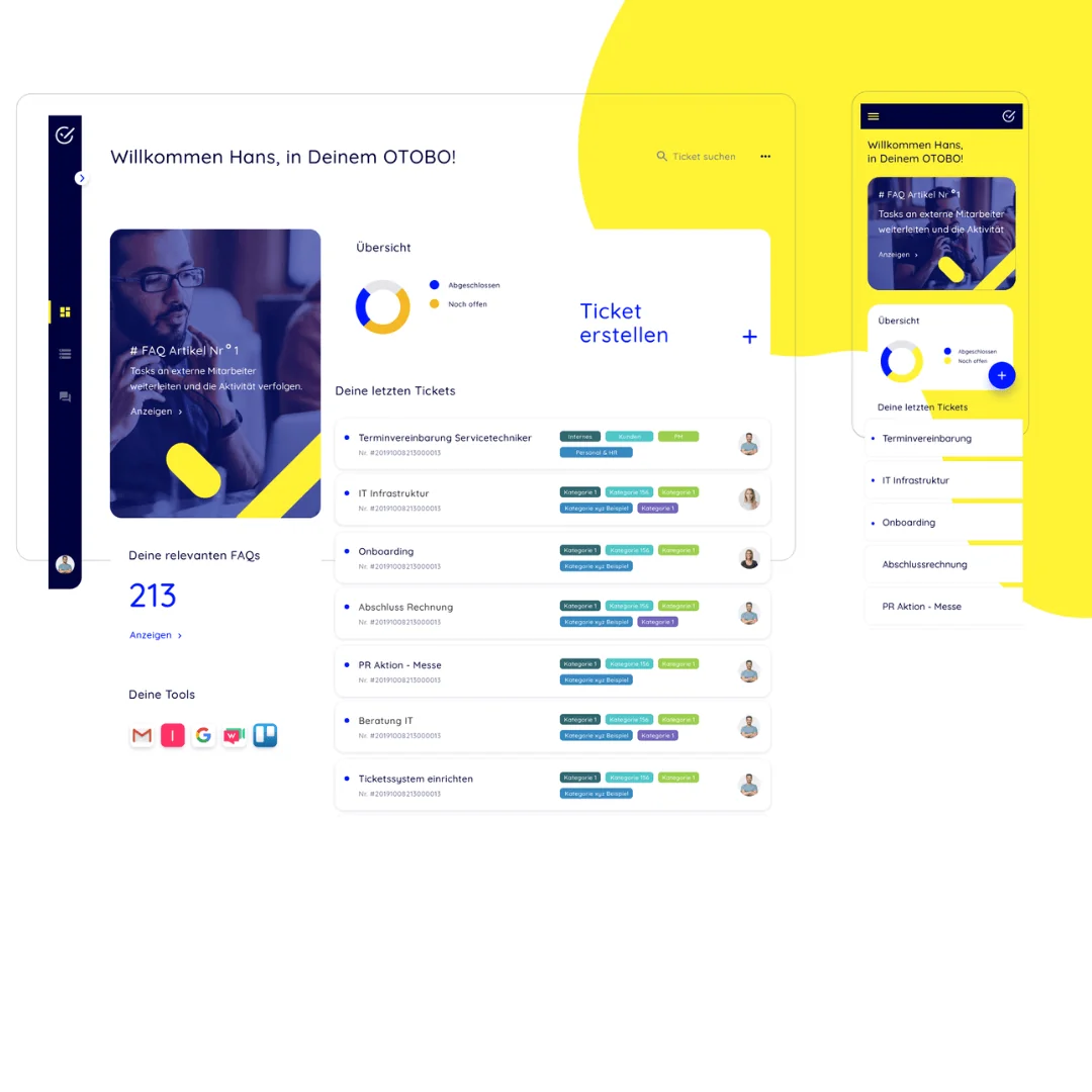OTOBO self-service portal on desktop and mobile, showing a ticket overview donut, a create-ticket button, a recent-ticket list with category tags and a relevant-FAQ counter, as taken from OTOBO